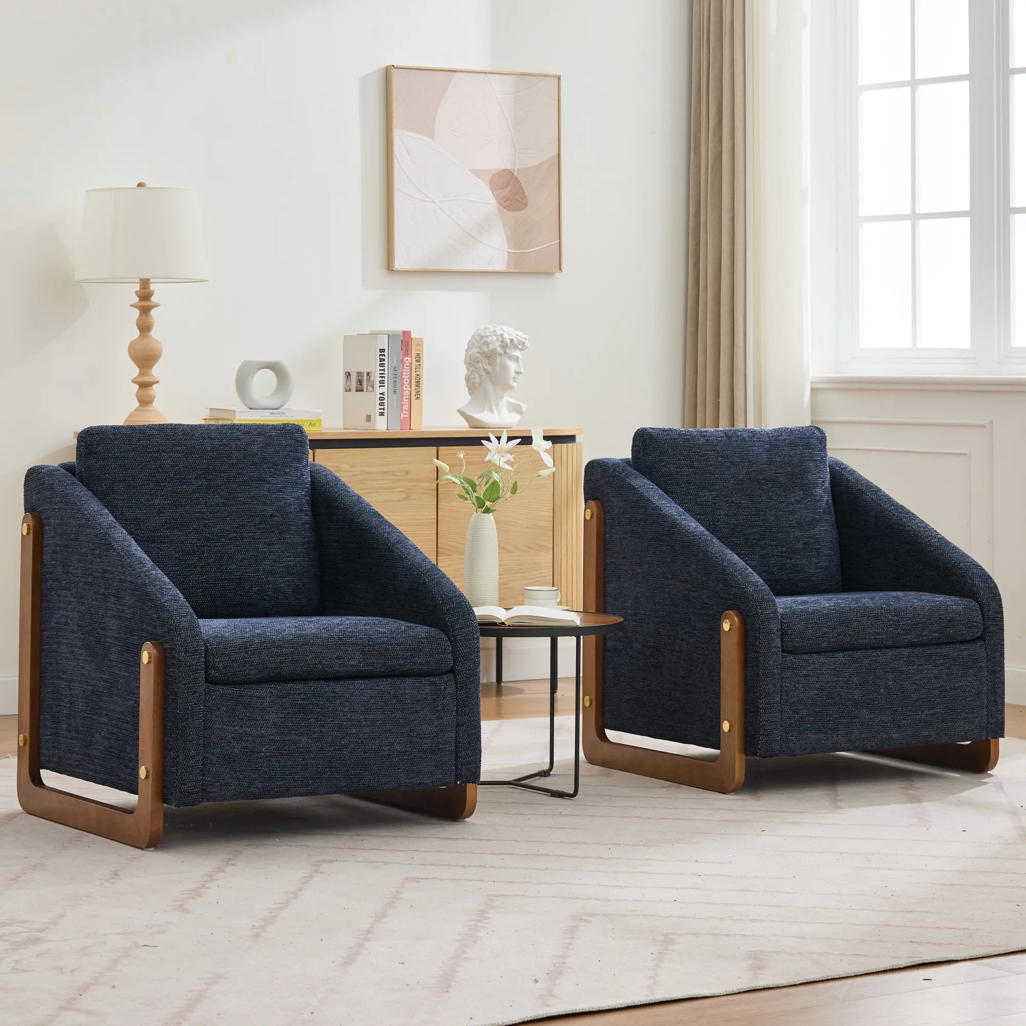 Modern Chenille Fabric Accent Chair with Wooden Side Frame