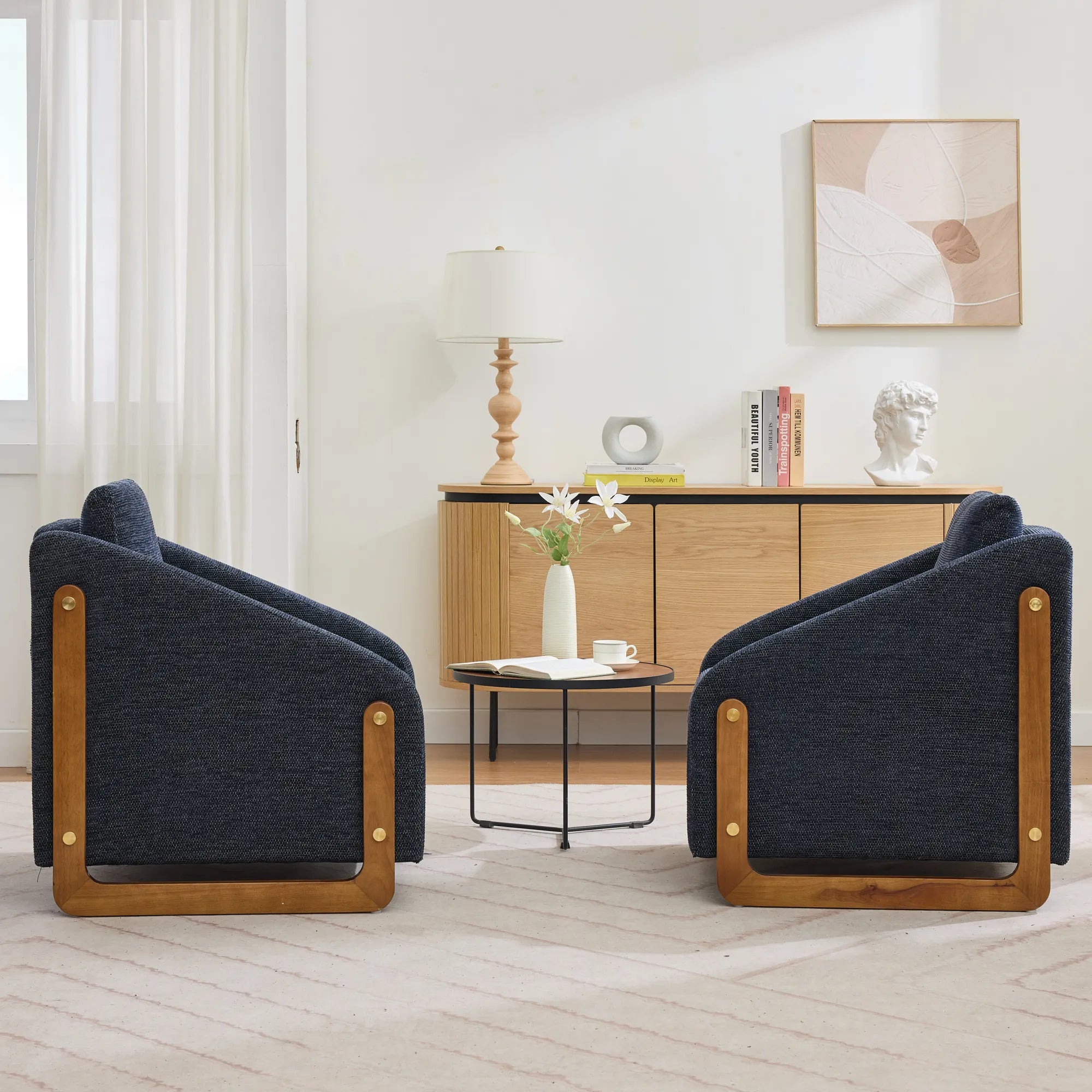 Modern Chenille Fabric Accent Chair with Wooden Side Frame