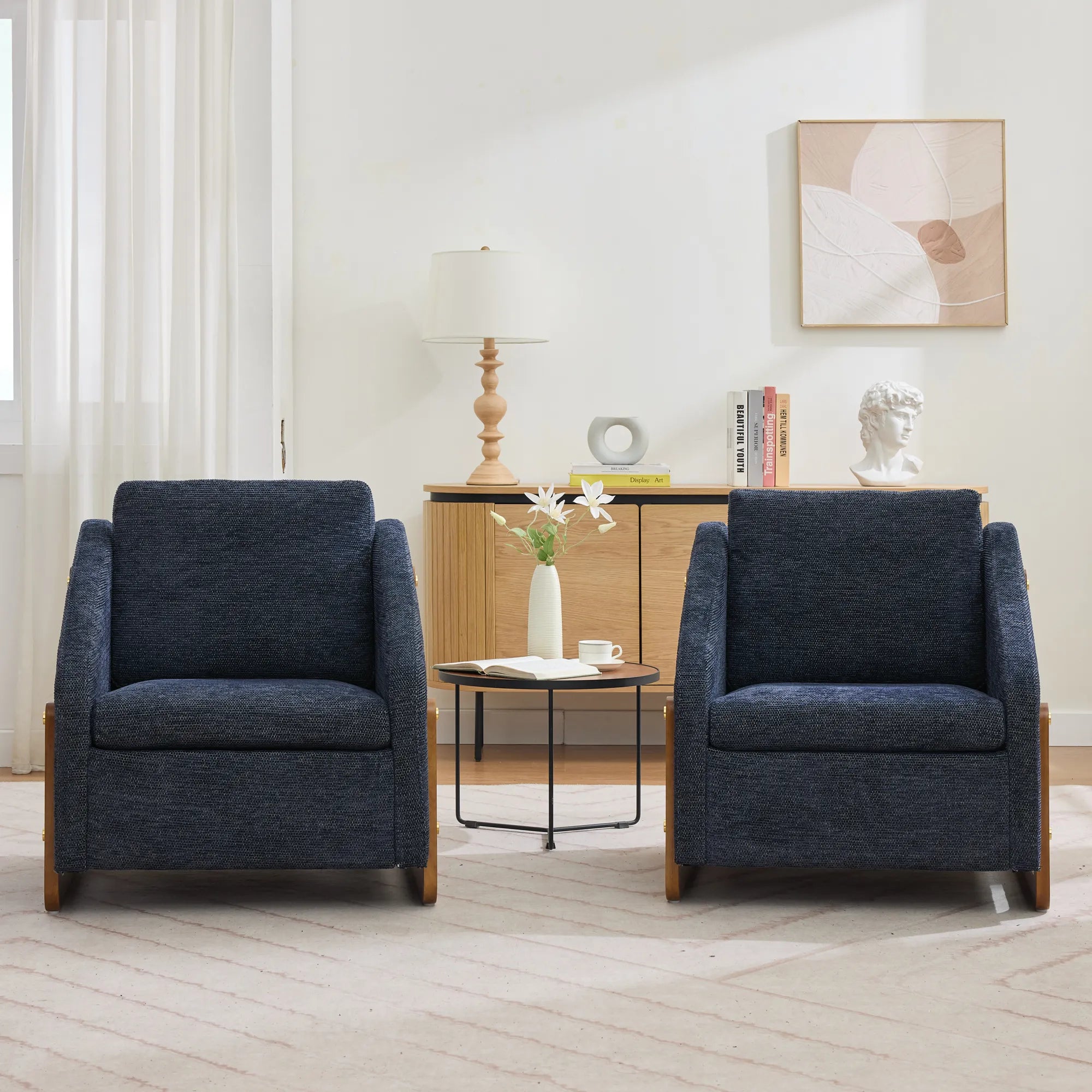 Modern Chenille Fabric Accent Chair with Wooden Side Frame