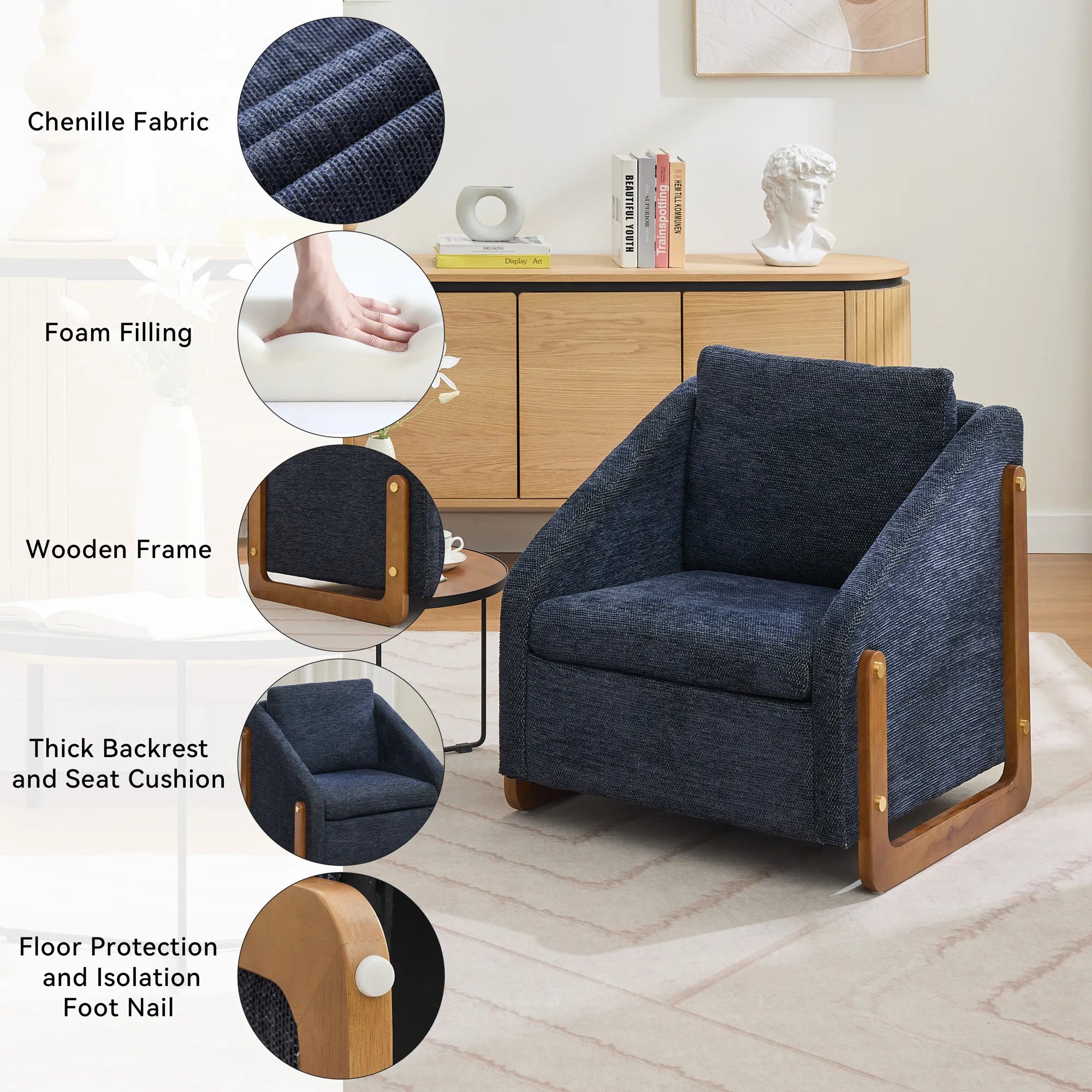 Modern Chenille Fabric Accent Chair with Wooden Side Frame
