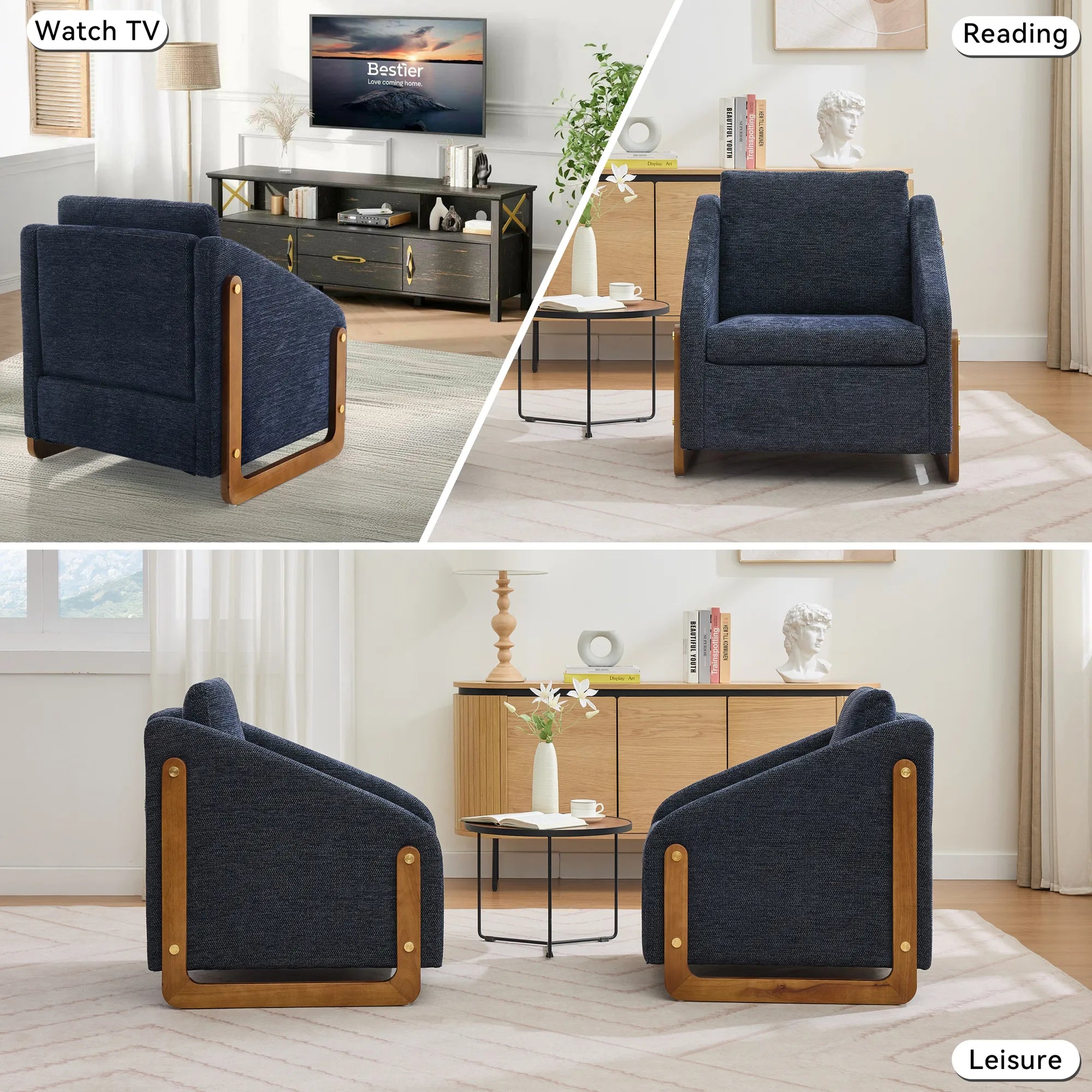 Modern Chenille Fabric Accent Chair with Wooden Side Frame