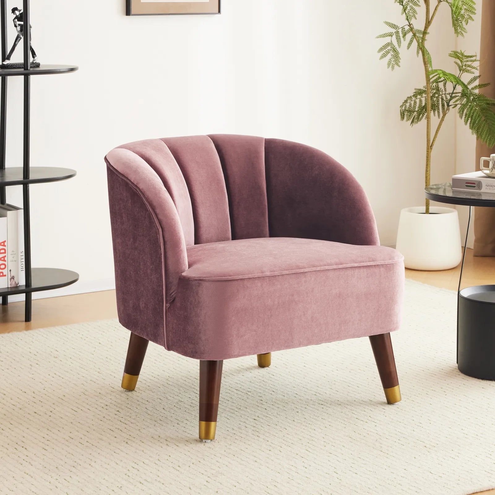 Velvet Barrel Accent Chair With Wooden Legs
