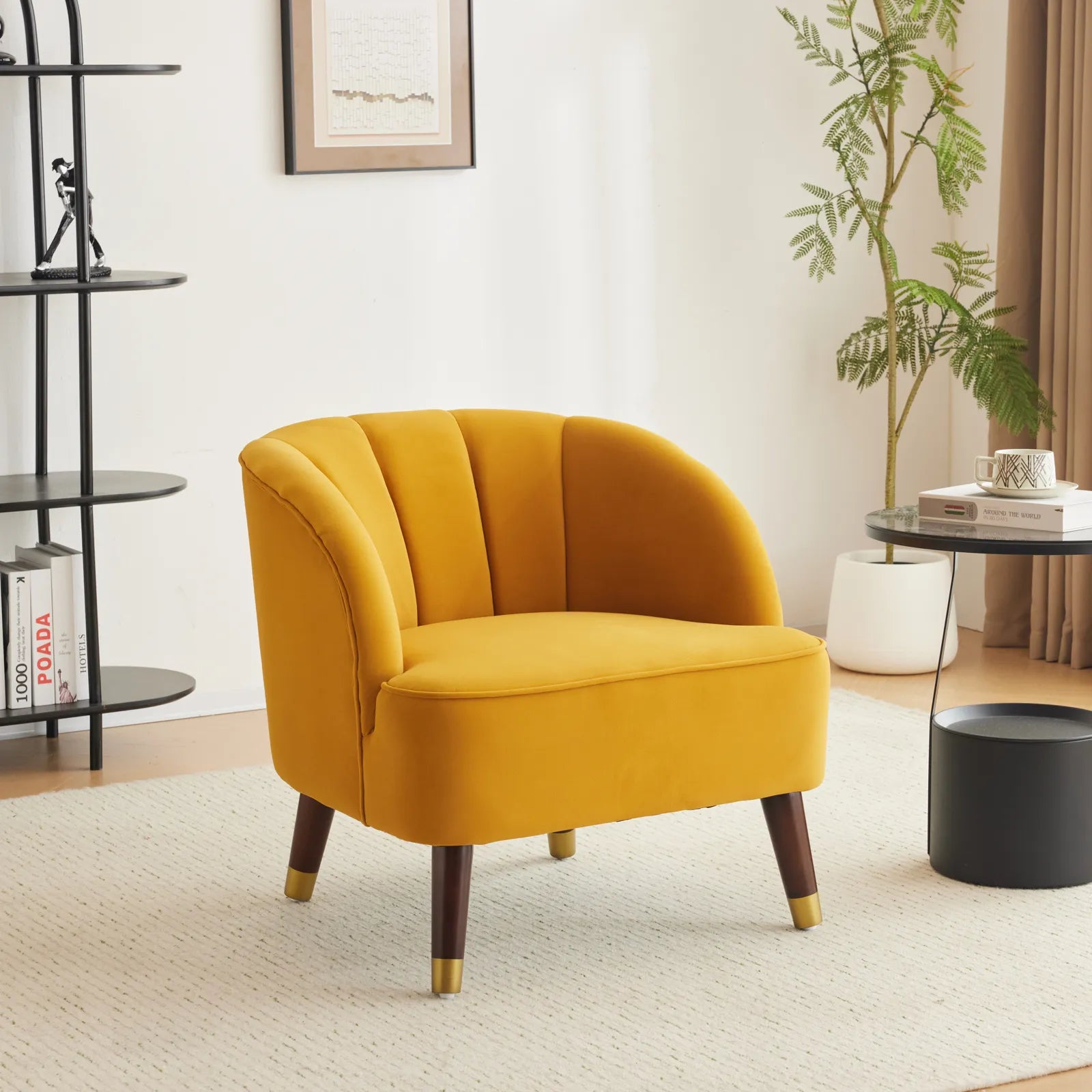 Velvet Barrel Accent Chair With Wooden Legs