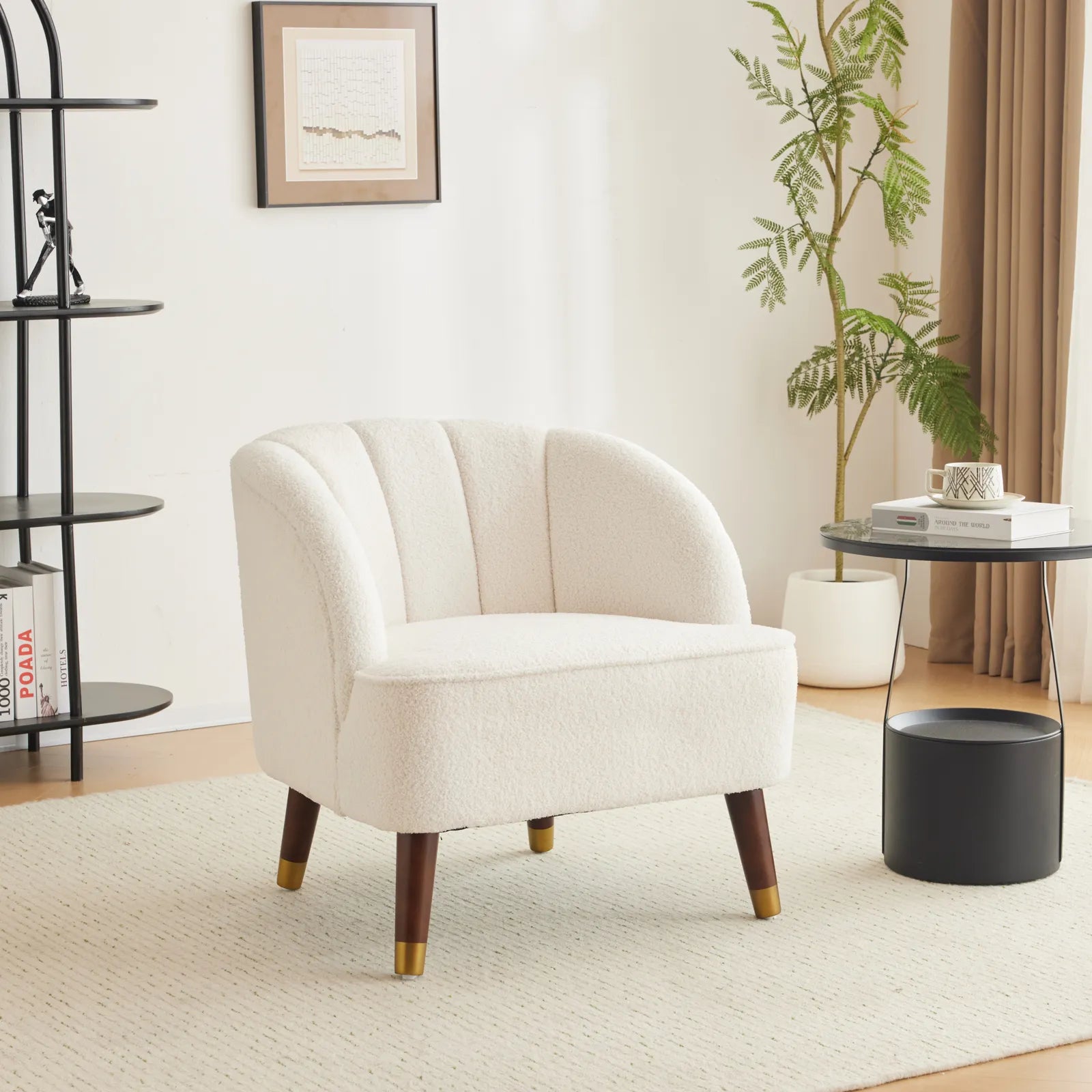 Velvet Barrel Accent Chair With Wooden Legs