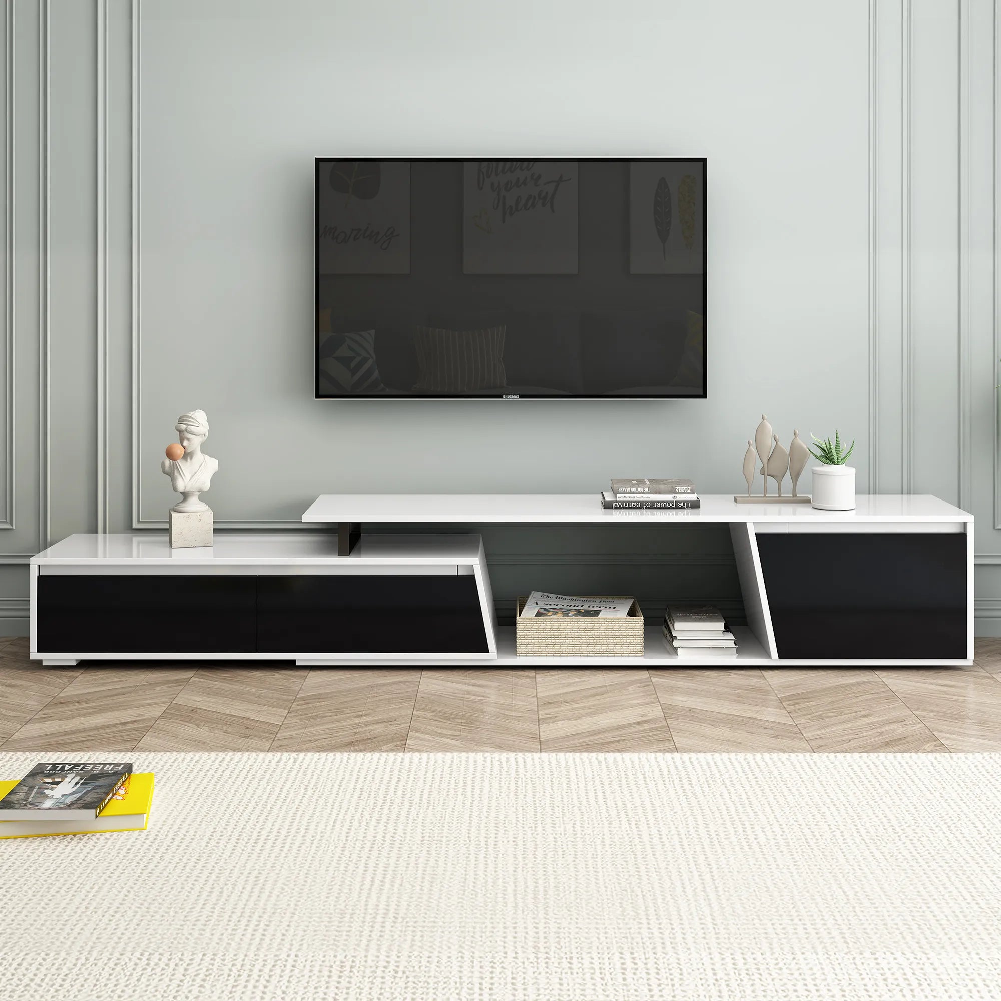 Modern Extendable TV Stand with Drawers and Cabinet