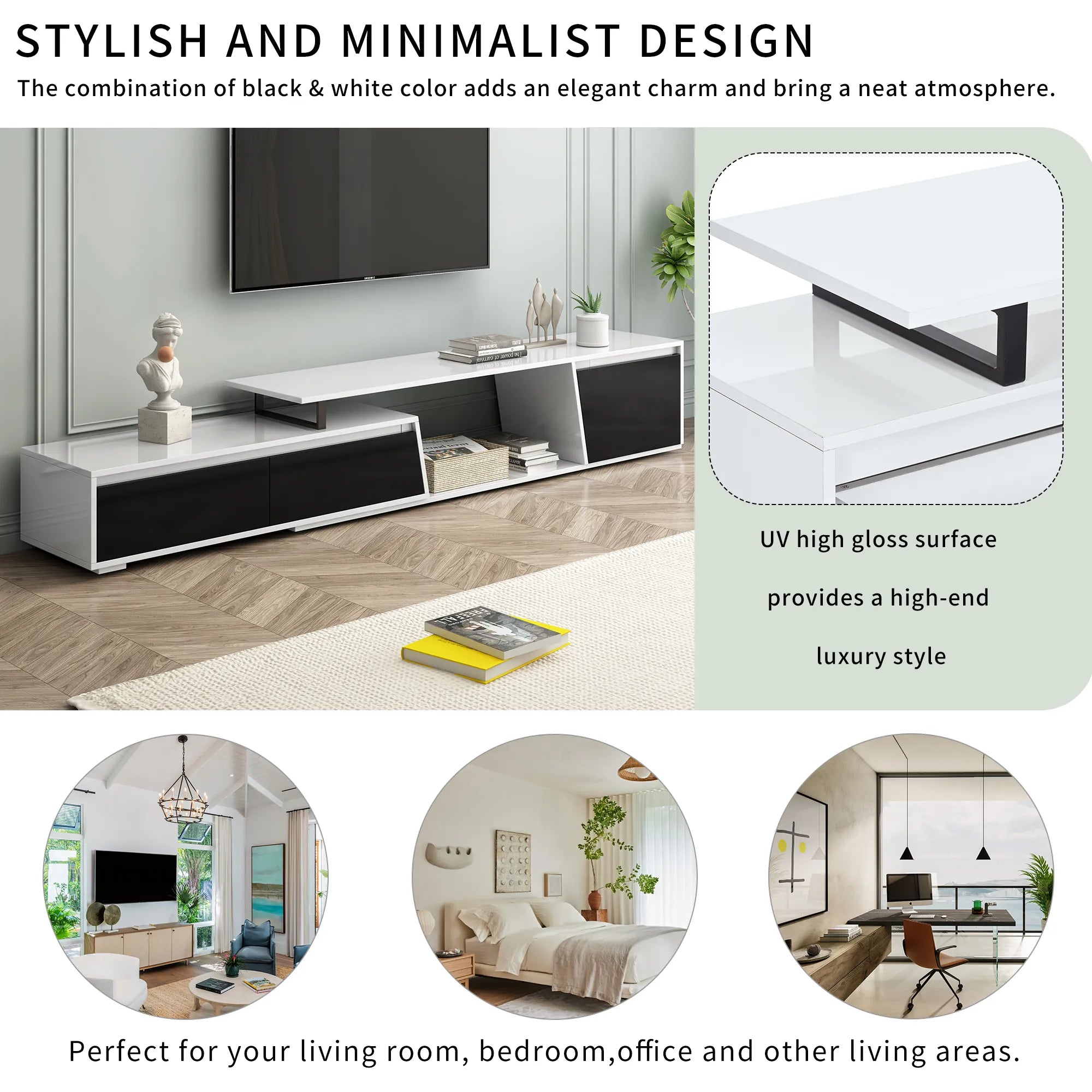 Modern Extendable TV Stand with Drawers and Cabinet