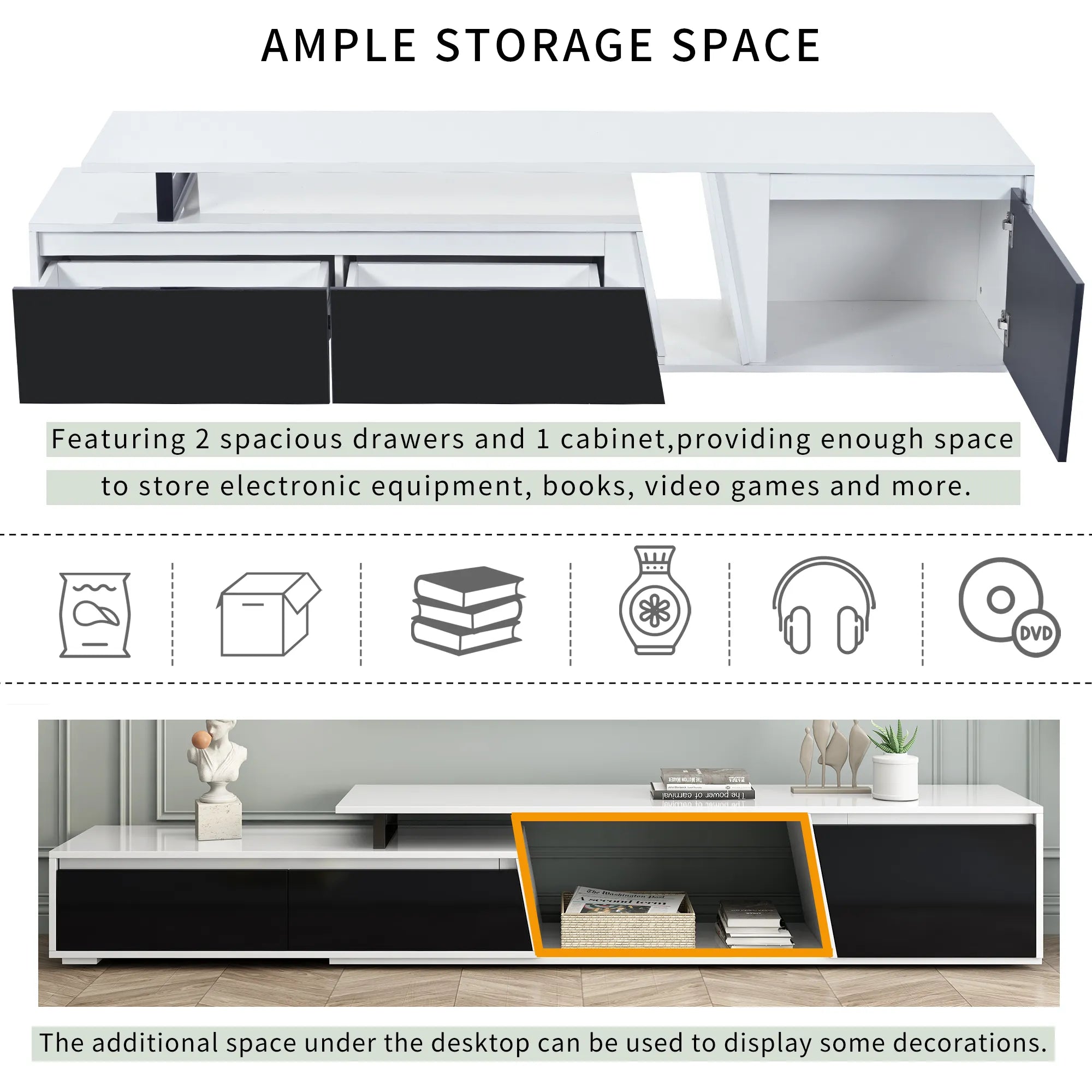 Modern Extendable TV Stand with Drawers and Cabinet