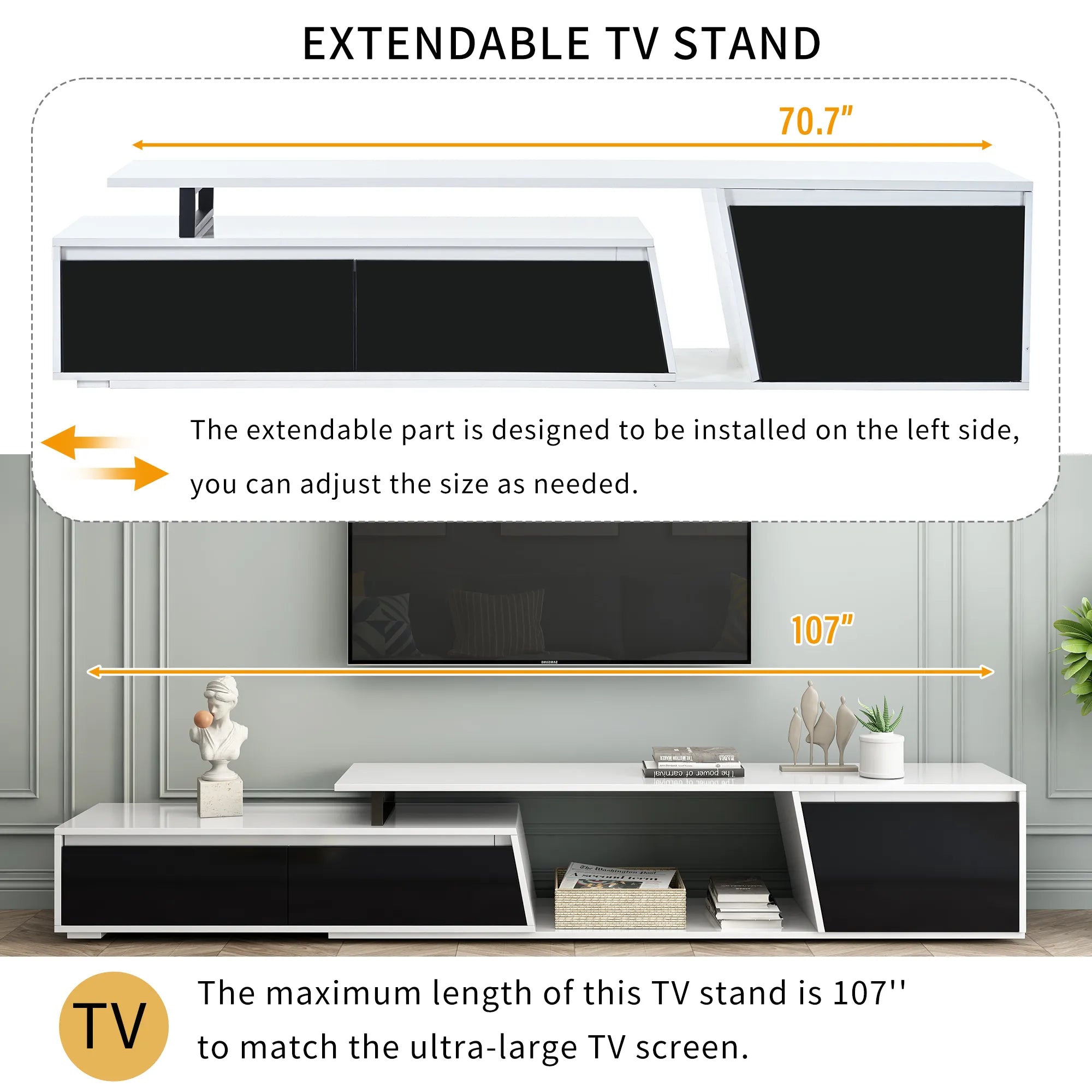 Modern Extendable TV Stand with Drawers and Cabinet