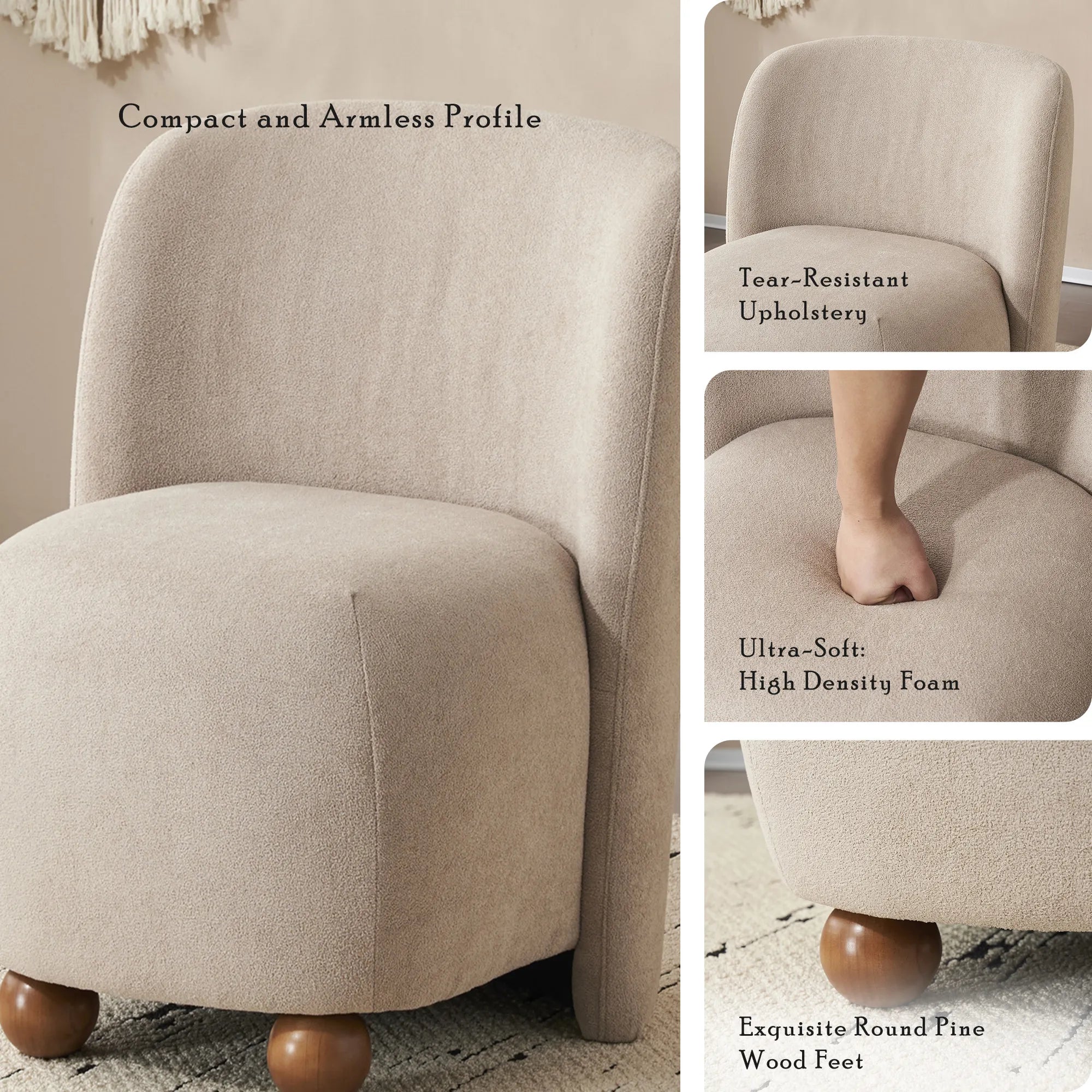 Modern Fabric Low Back Armless Accent Chair with Round Pine Wood Feet