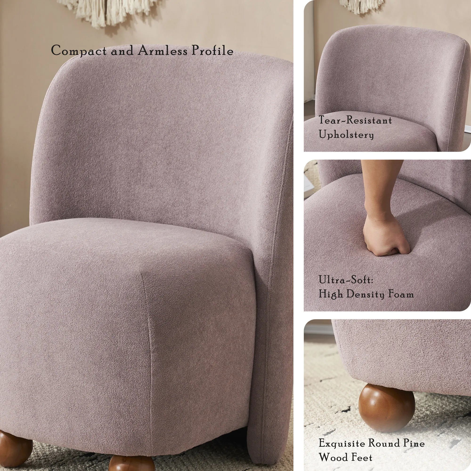 Modern Fabric Low Back Armless Accent Chair with Round Pine Wood Feet