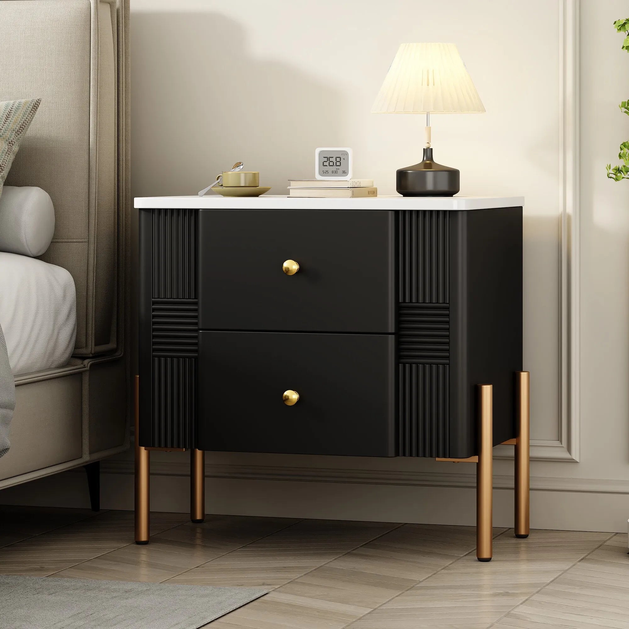 Modern Fluted 2-Drawer Nightstand with Gold Metal Legs