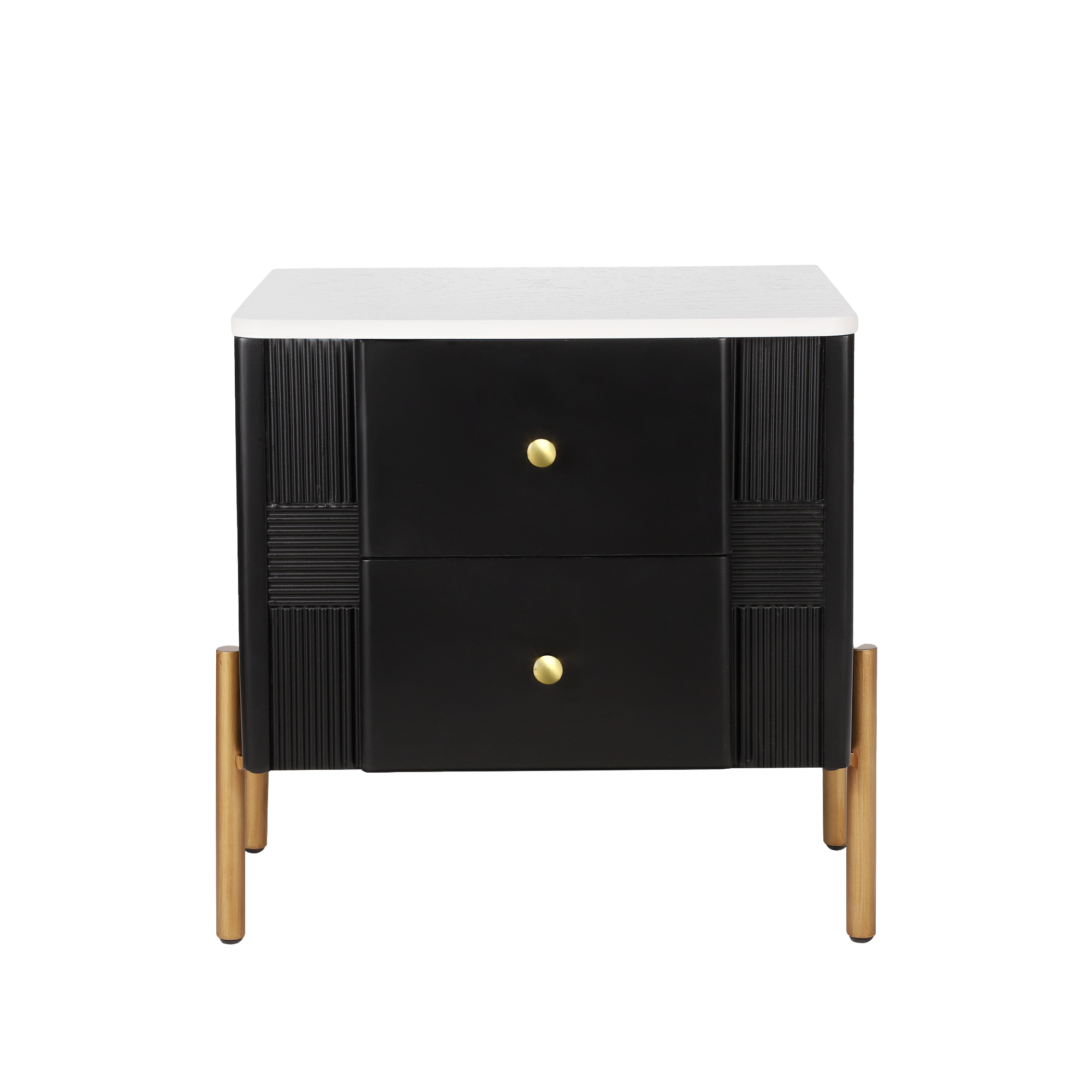 Modern Fluted 2-Drawer Nightstand with Gold Metal Legs