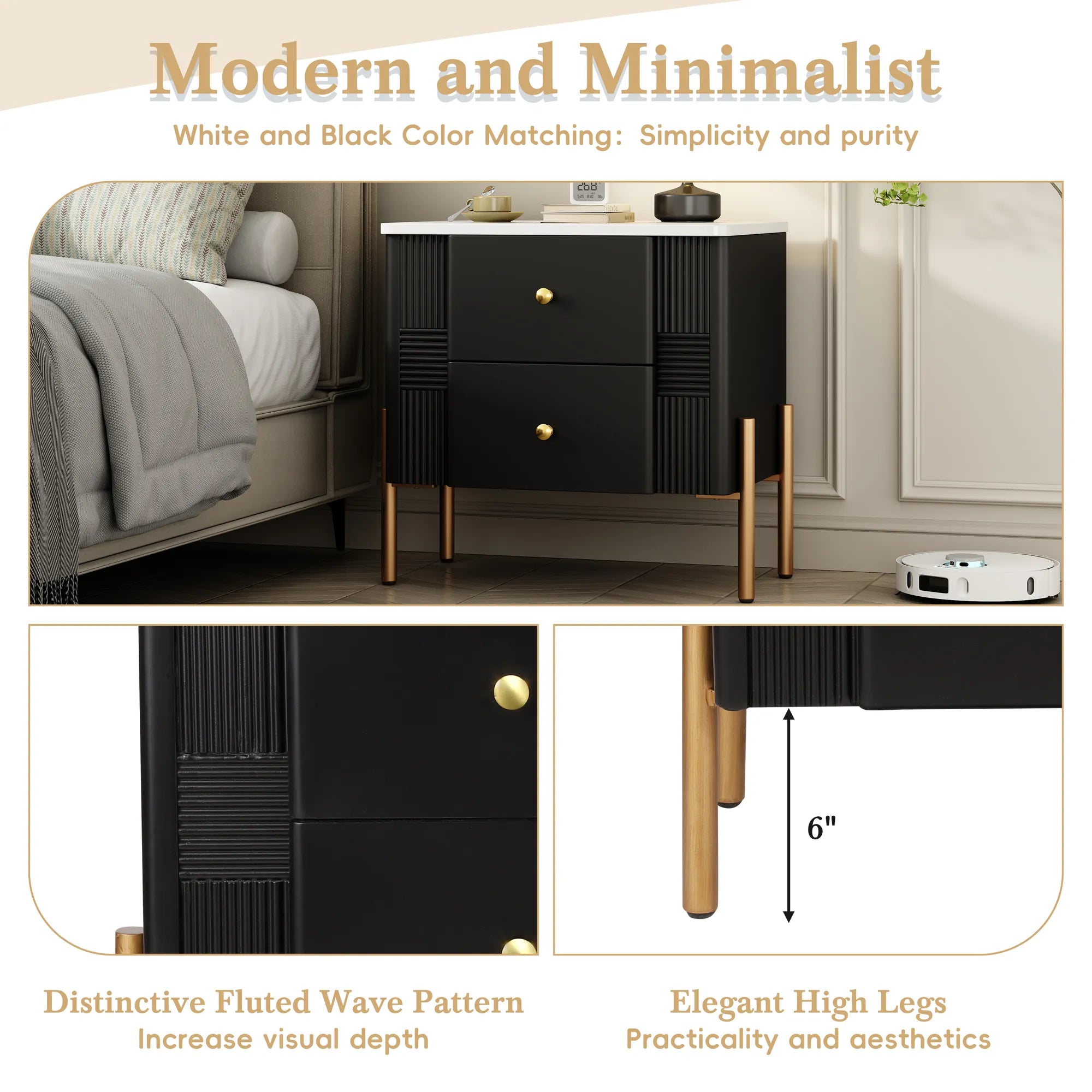 Modern Fluted 2-Drawer Nightstand with Gold Metal Legs