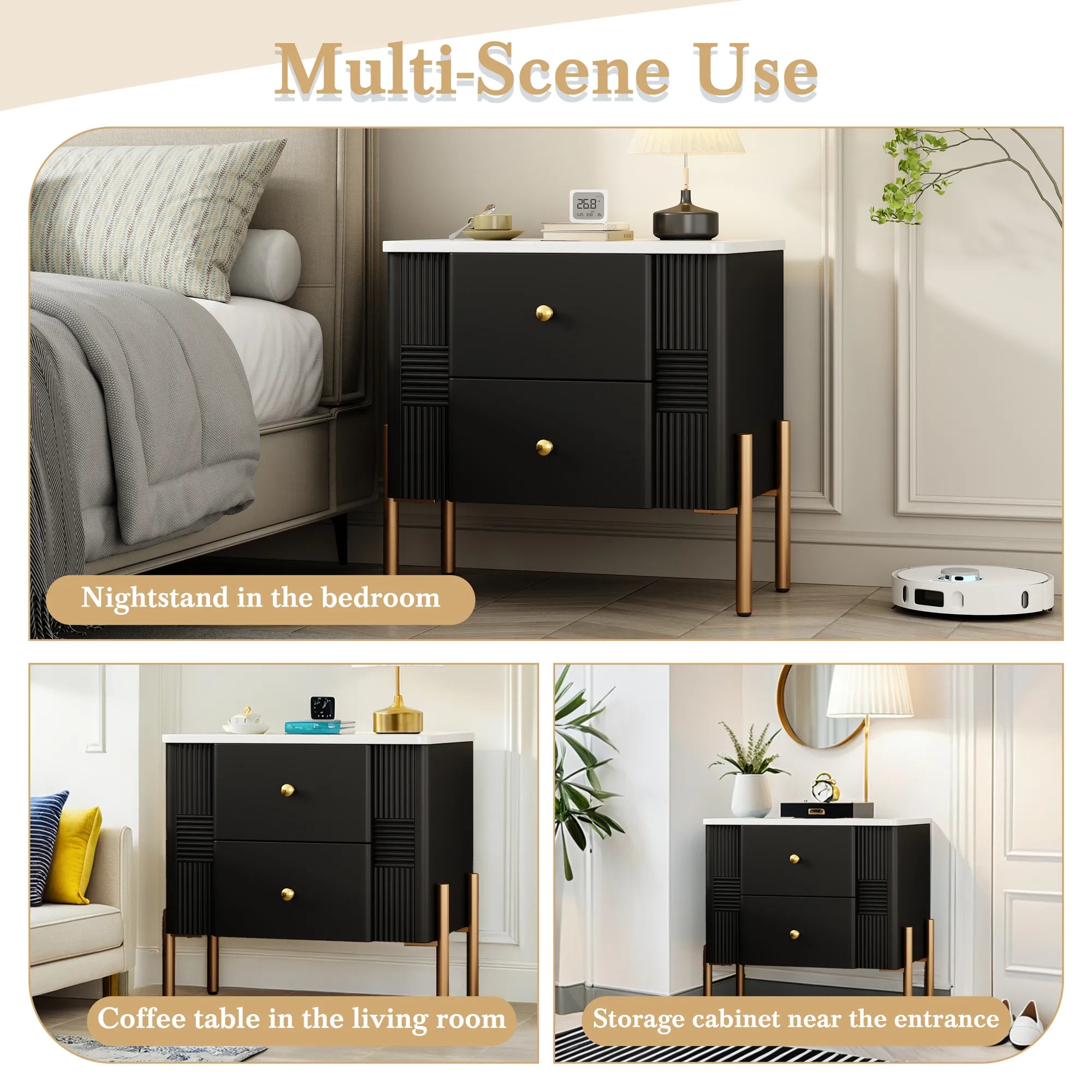Modern Fluted 2-Drawer Nightstand with Gold Metal Legs