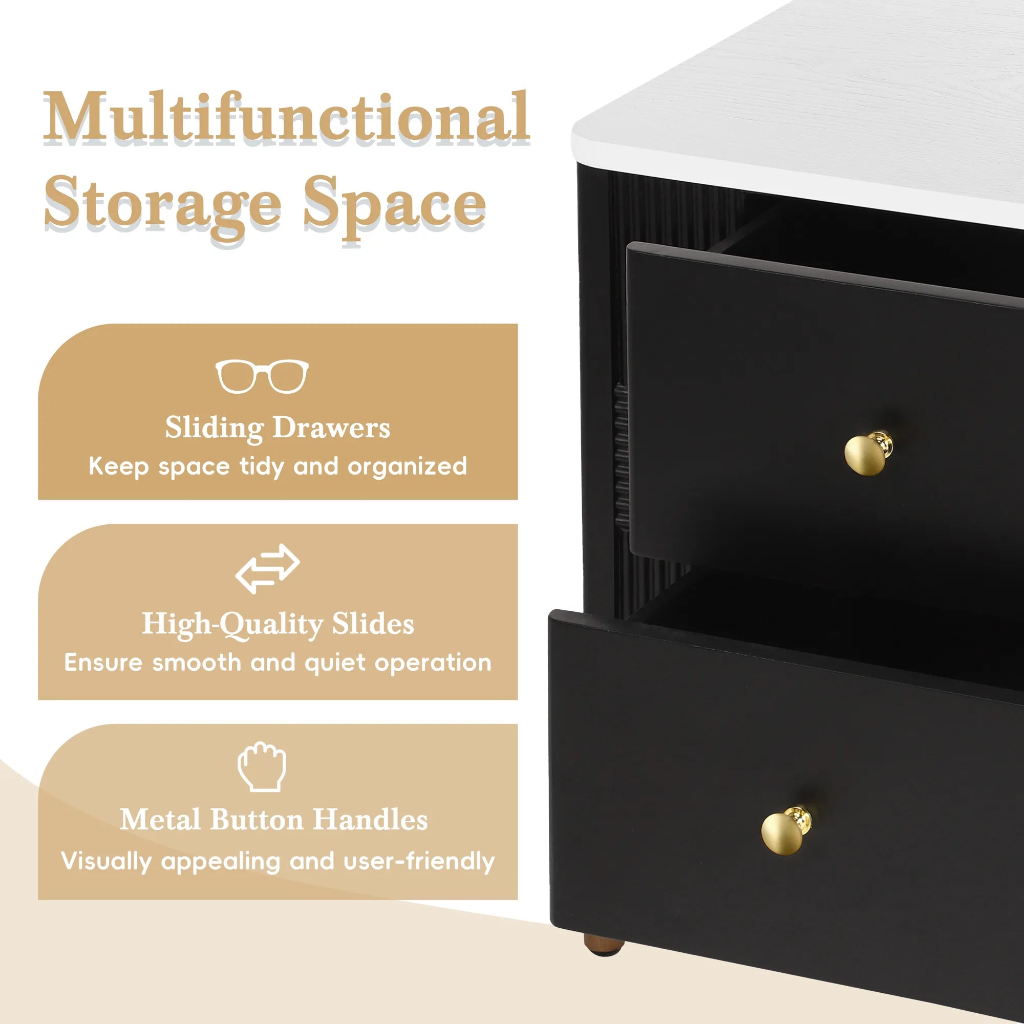 Modern Fluted 2-Drawer Nightstand with Gold Metal Legs