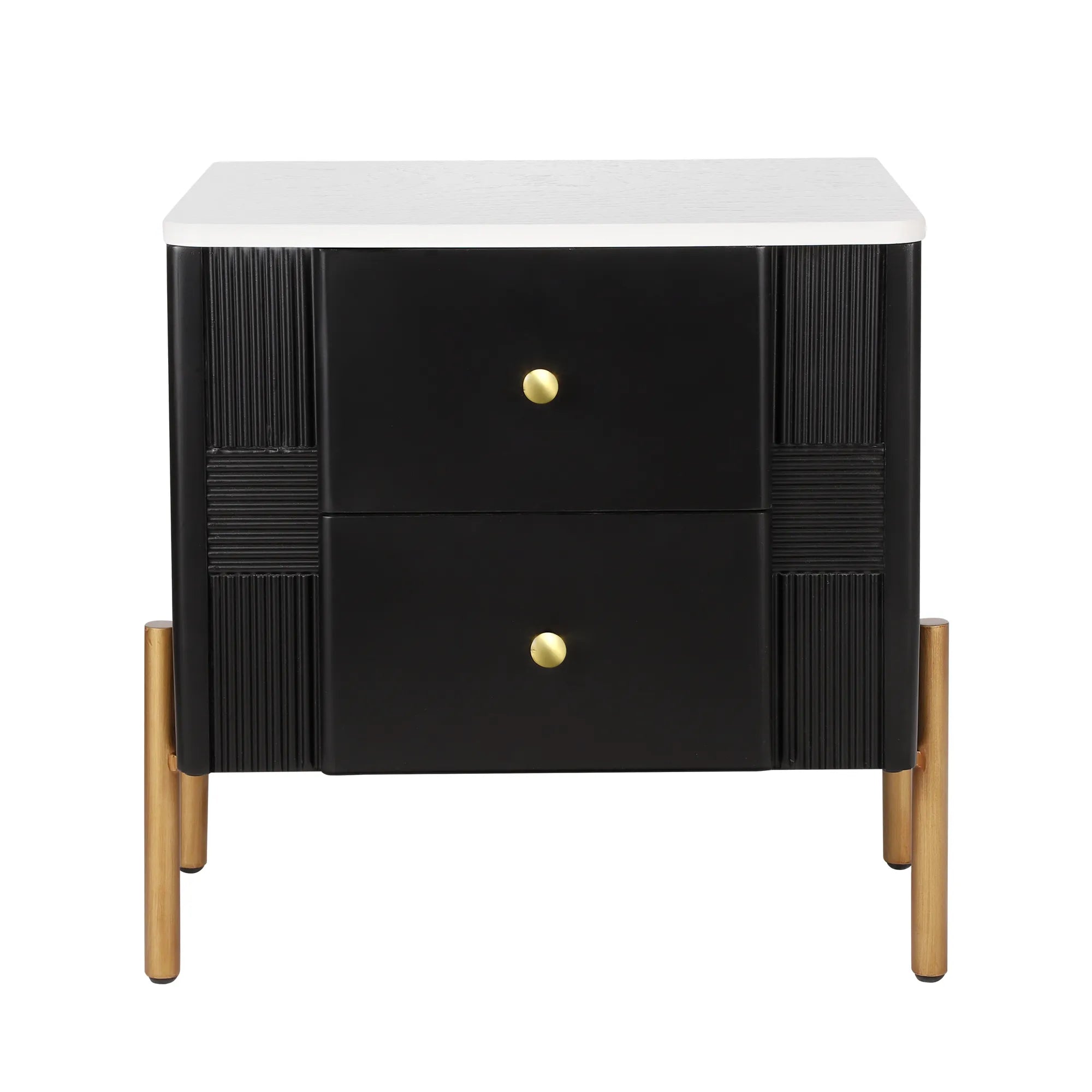 Modern Fluted 2-Drawer Nightstand with Gold Metal Legs
