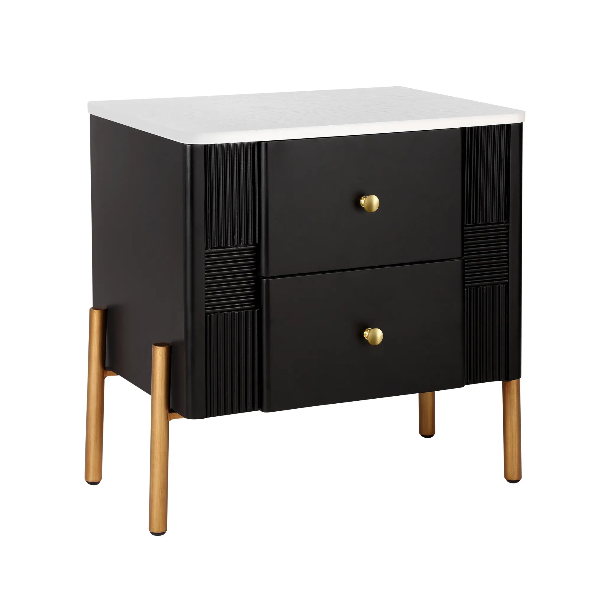 Modern Fluted 2-Drawer Nightstand with Gold Metal Legs