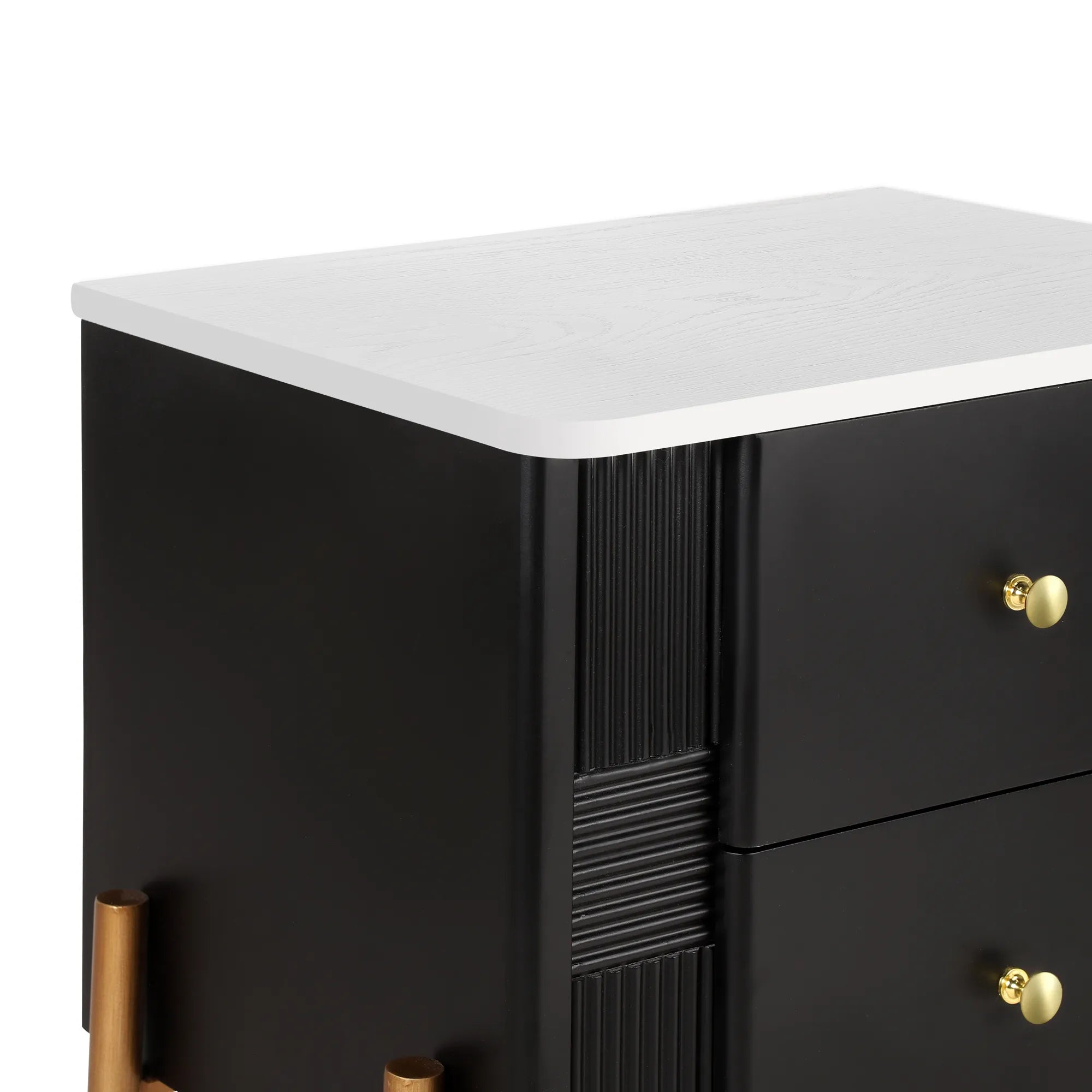 Modern Fluted 2-Drawer Nightstand with Gold Metal Legs