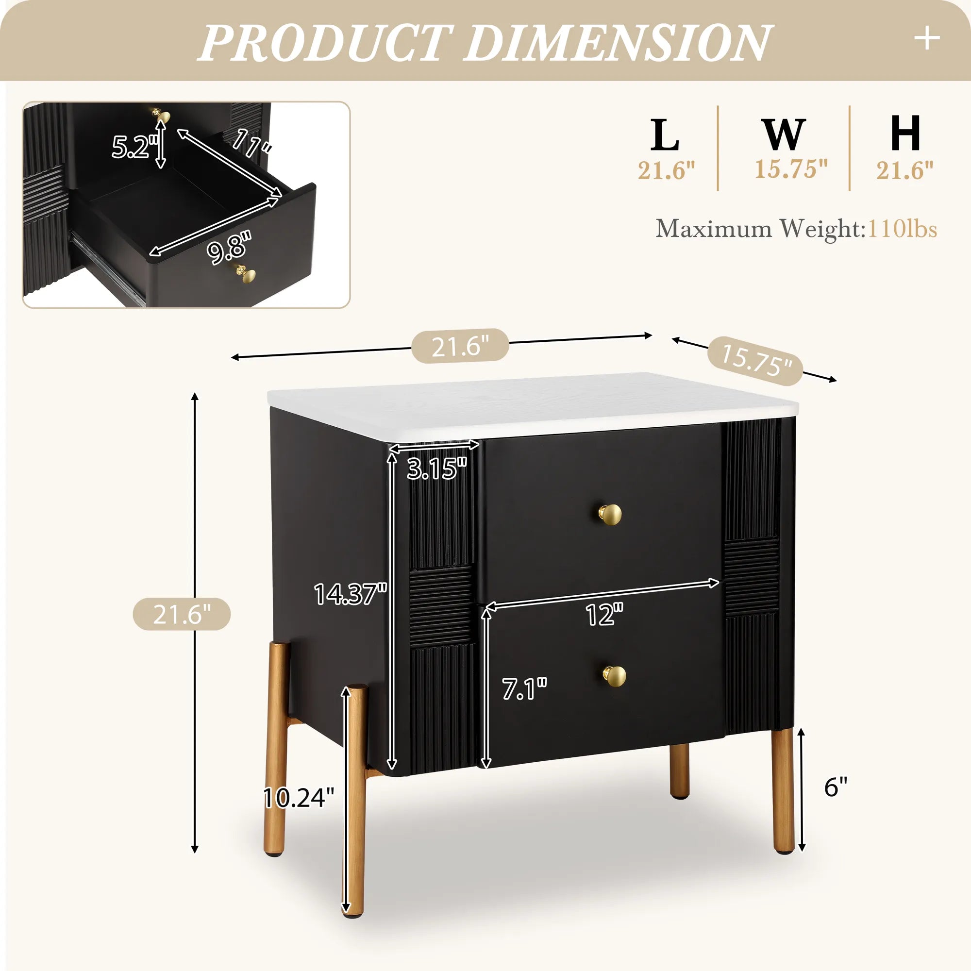 Modern Fluted 2-Drawer Nightstand with Gold Metal Legs