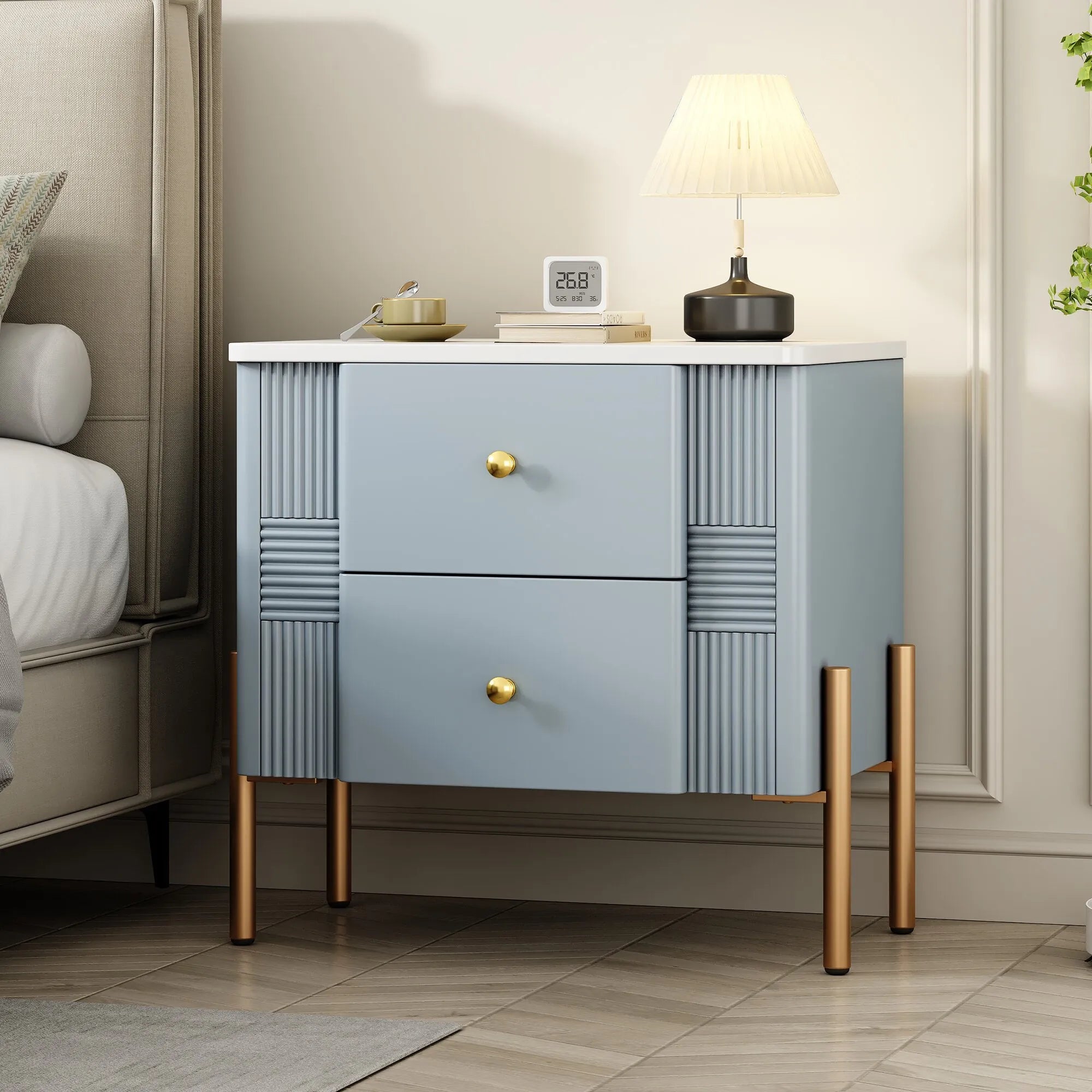 Modern Fluted 2-Drawer Nightstand with Gold Metal Legs