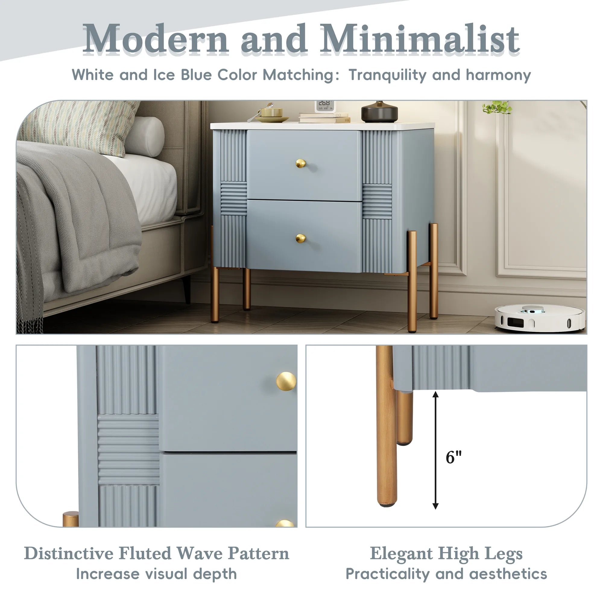 Modern Fluted 2-Drawer Nightstand with Gold Metal Legs