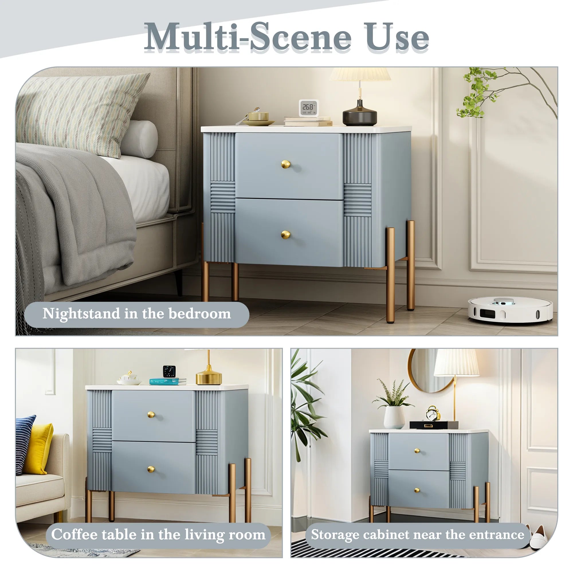 Modern Fluted 2-Drawer Nightstand with Gold Metal Legs