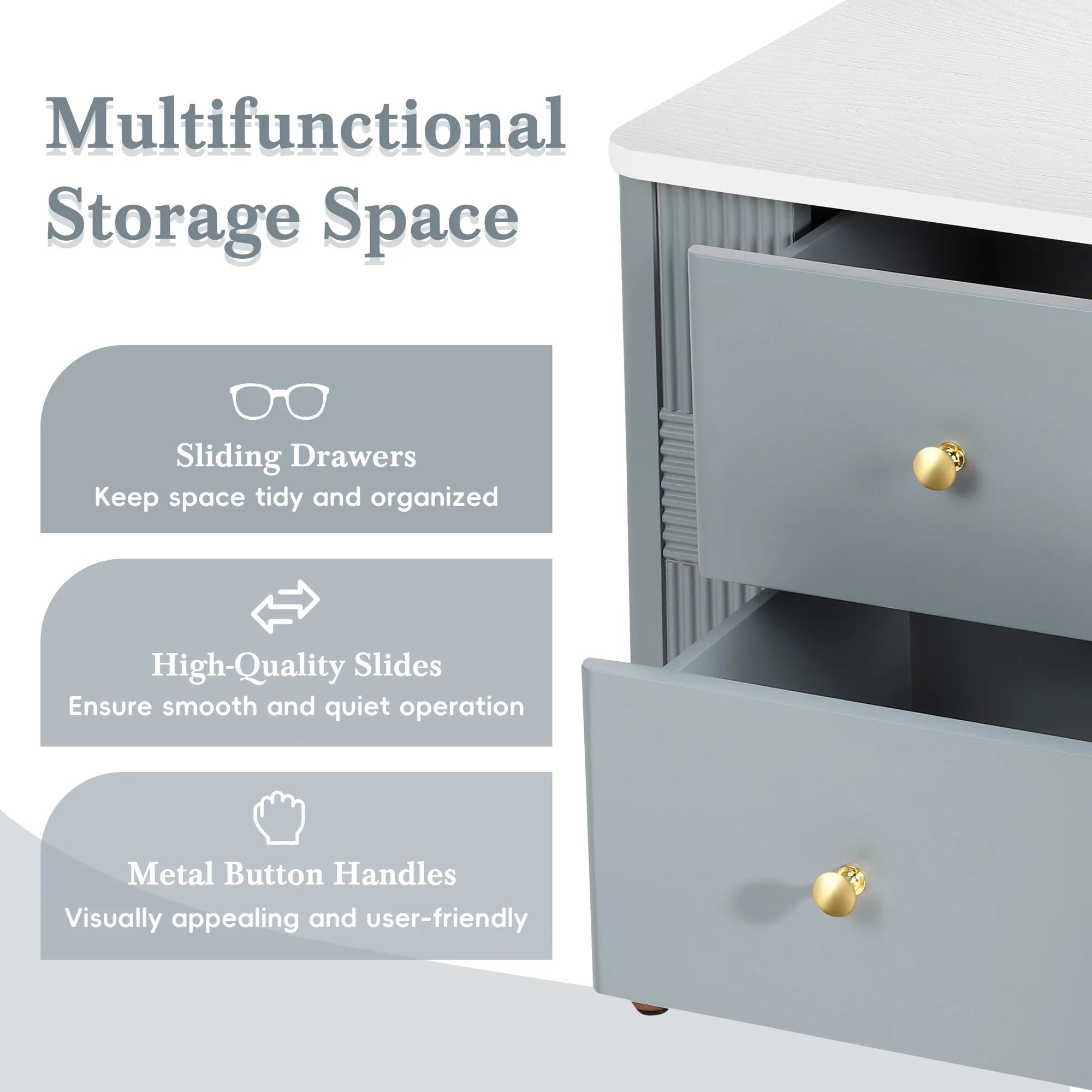 Modern Fluted 2-Drawer Nightstand with Gold Metal Legs