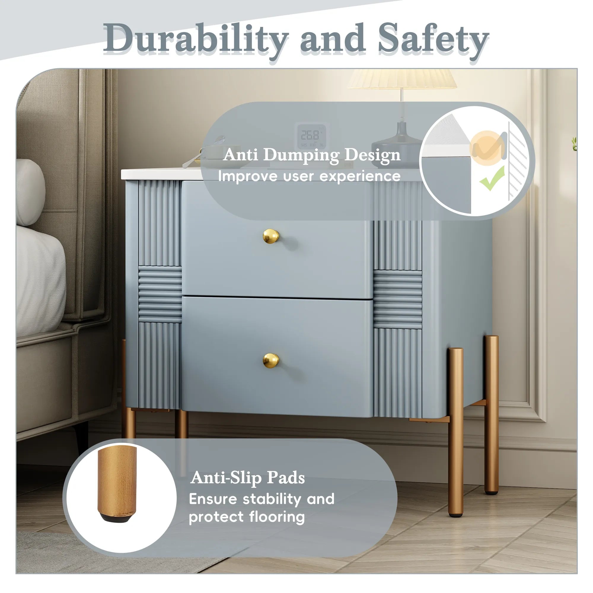 Modern Fluted 2-Drawer Nightstand with Gold Metal Legs