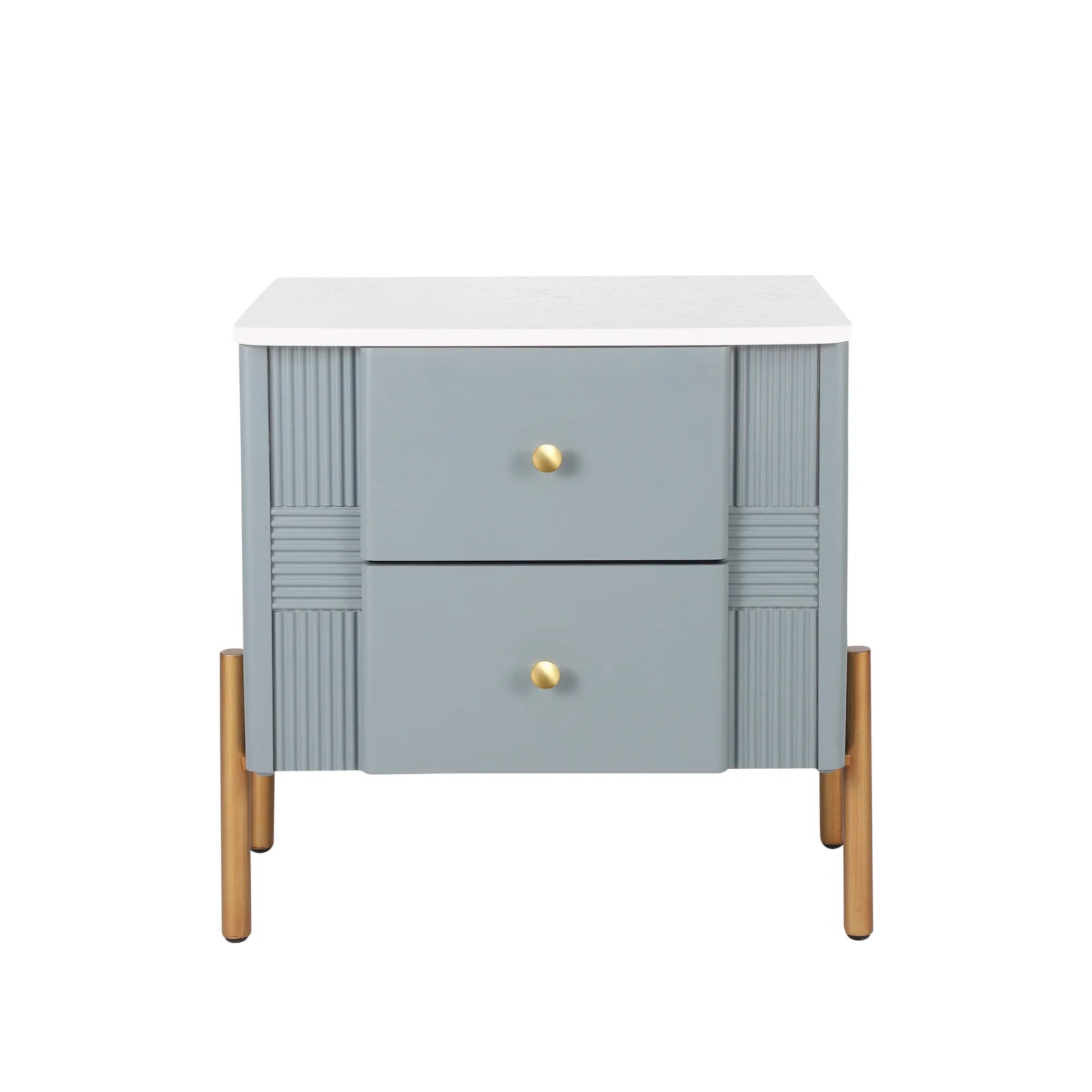 Modern Fluted 2-Drawer Nightstand with Gold Metal Legs