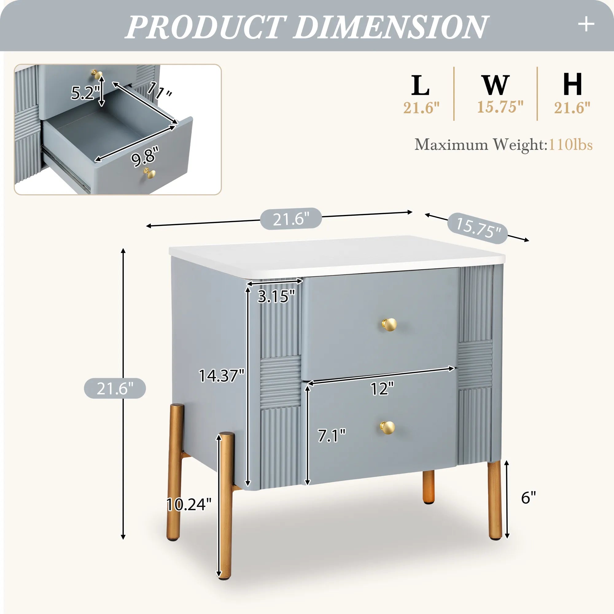 Modern Fluted 2-Drawer Nightstand with Gold Metal Legs