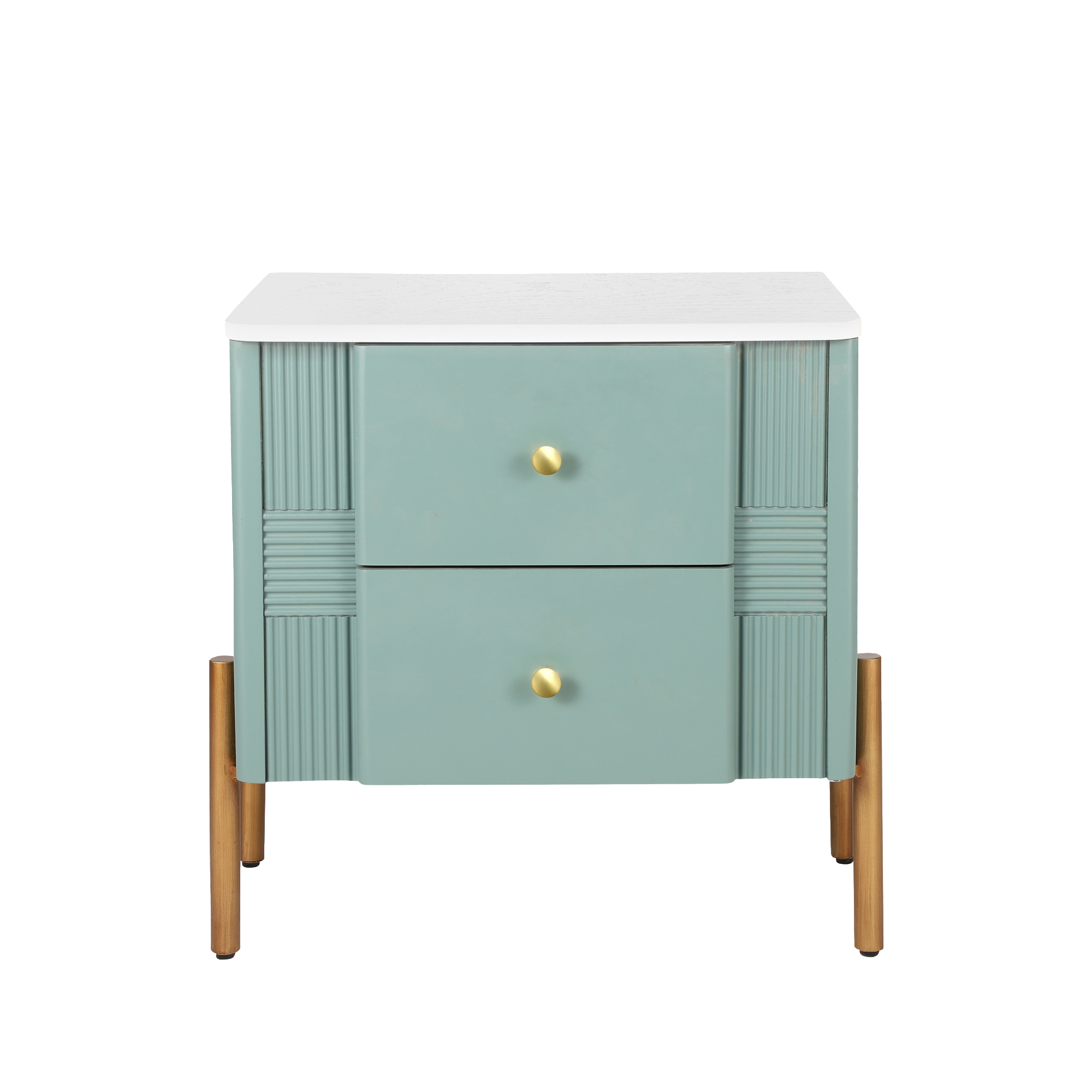 Modern Fluted 2-Drawer Nightstand with Gold Metal Legs