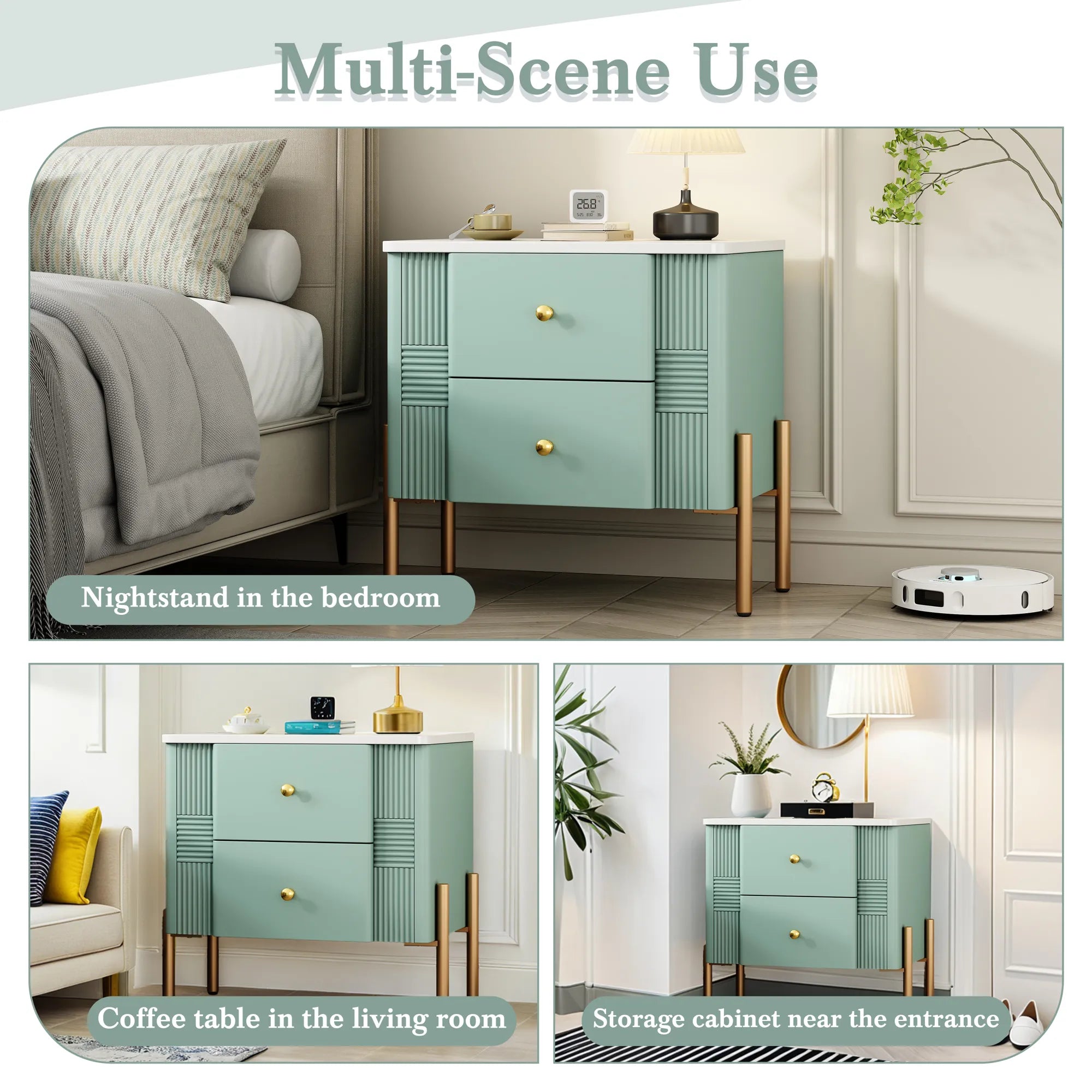 Modern Fluted 2-Drawer Nightstand with Gold Metal Legs
