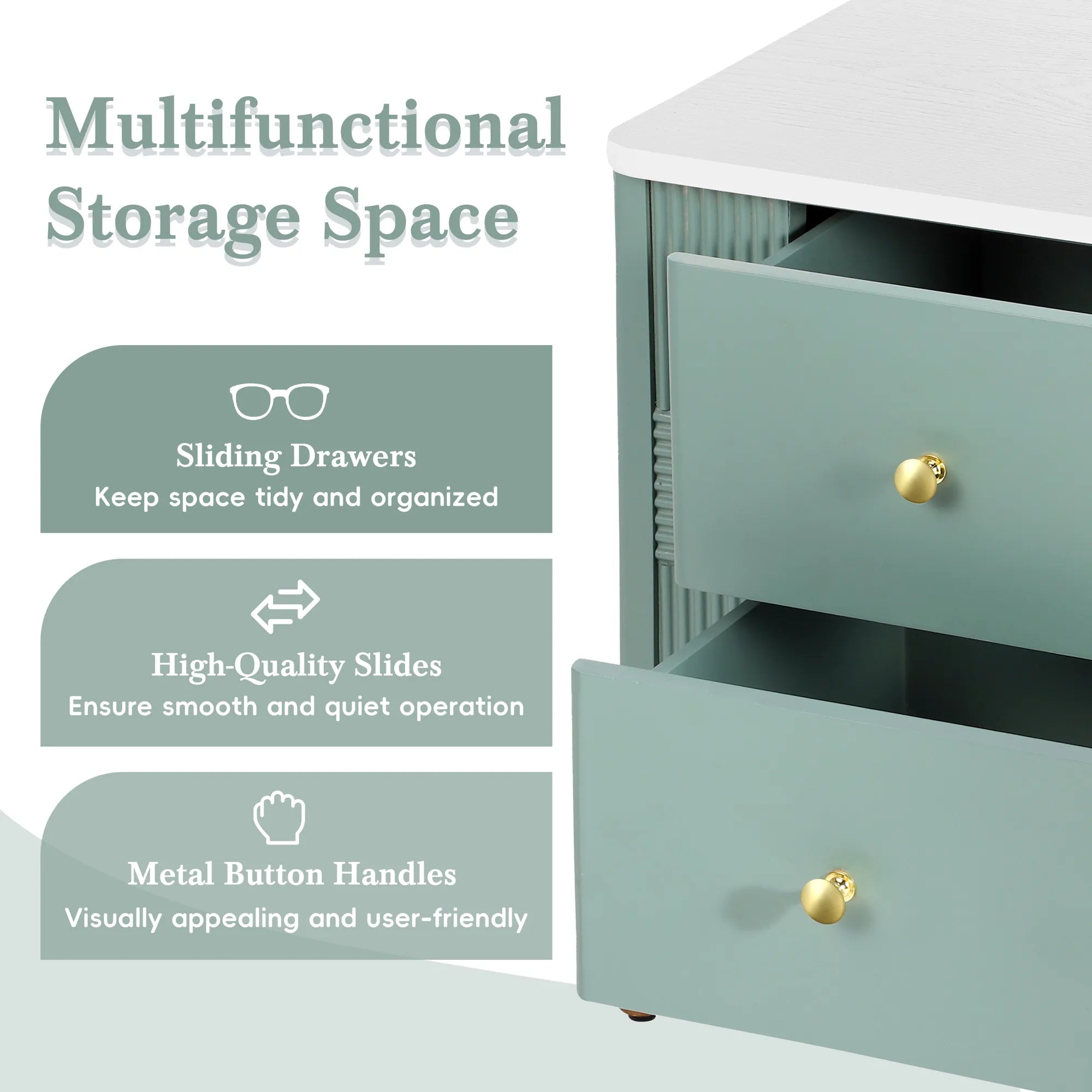 Modern Fluted 2-Drawer Nightstand with Gold Metal Legs