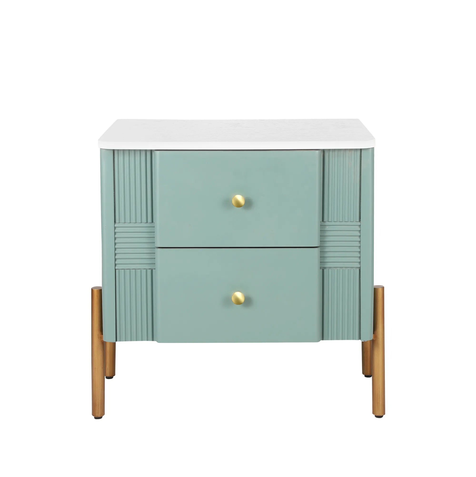Modern Fluted 2-Drawer Nightstand with Gold Metal Legs