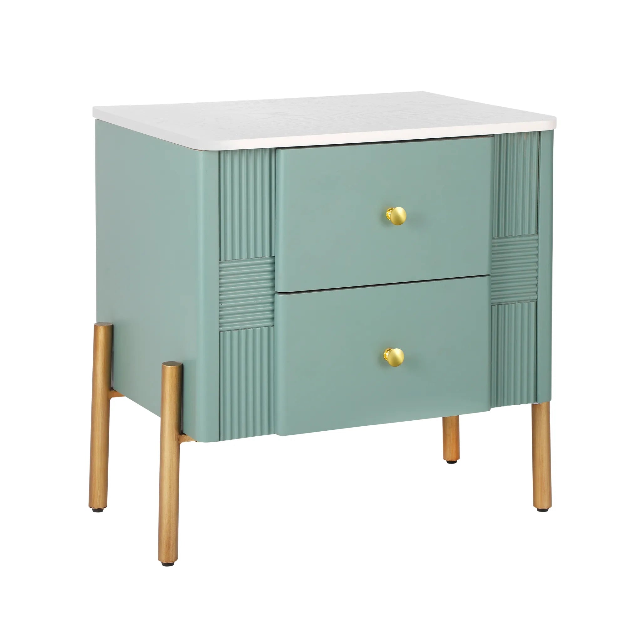 Modern Fluted 2-Drawer Nightstand with Gold Metal Legs