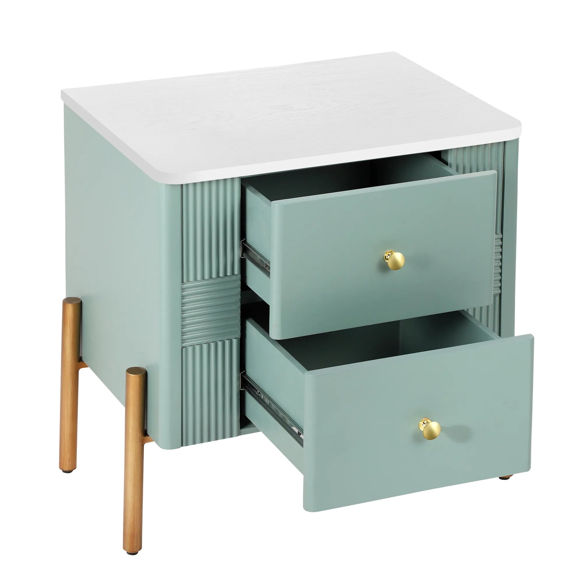 Modern Fluted 2-Drawer Nightstand with Gold Metal Legs