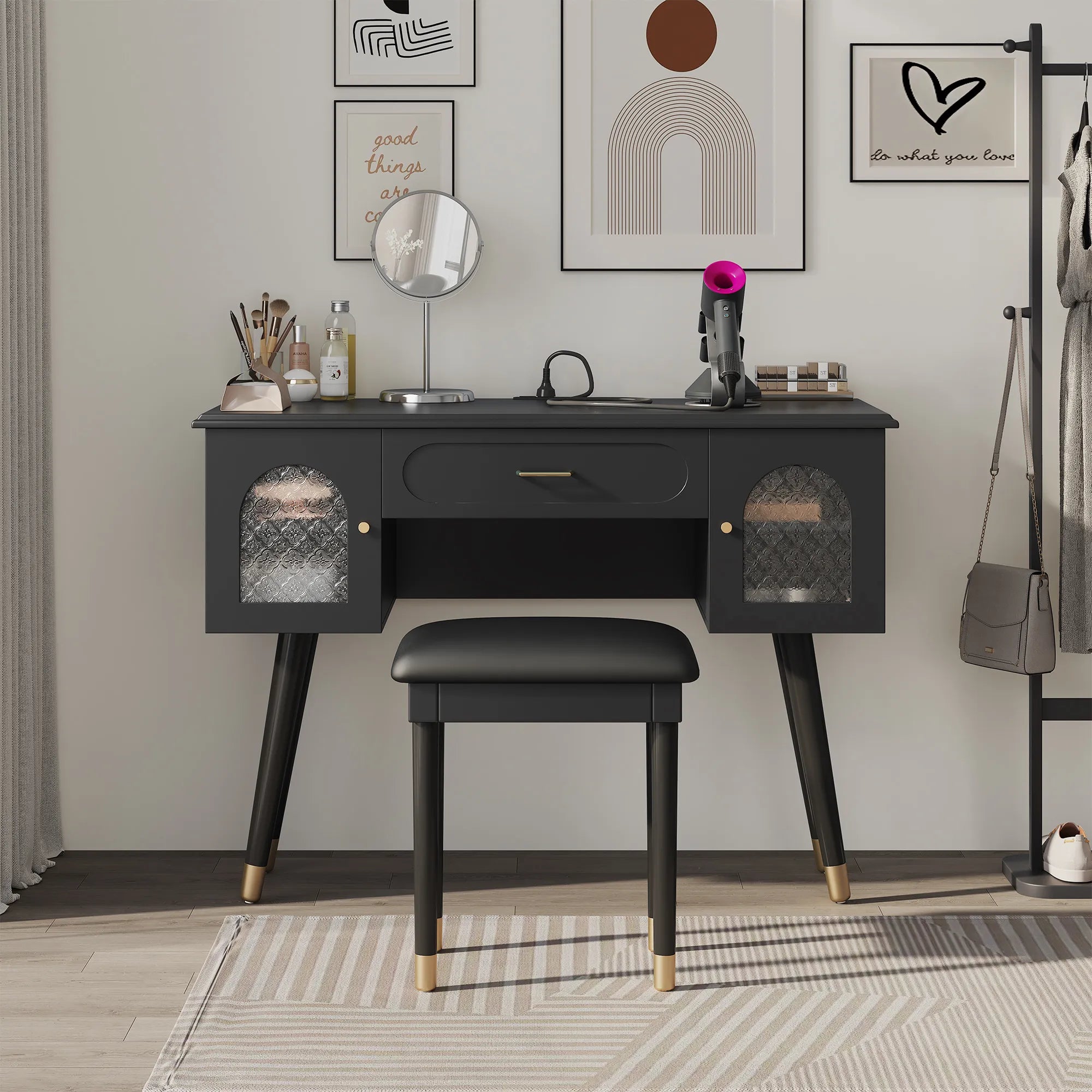 Modern Makeup Vanity Set with Stool & Storage