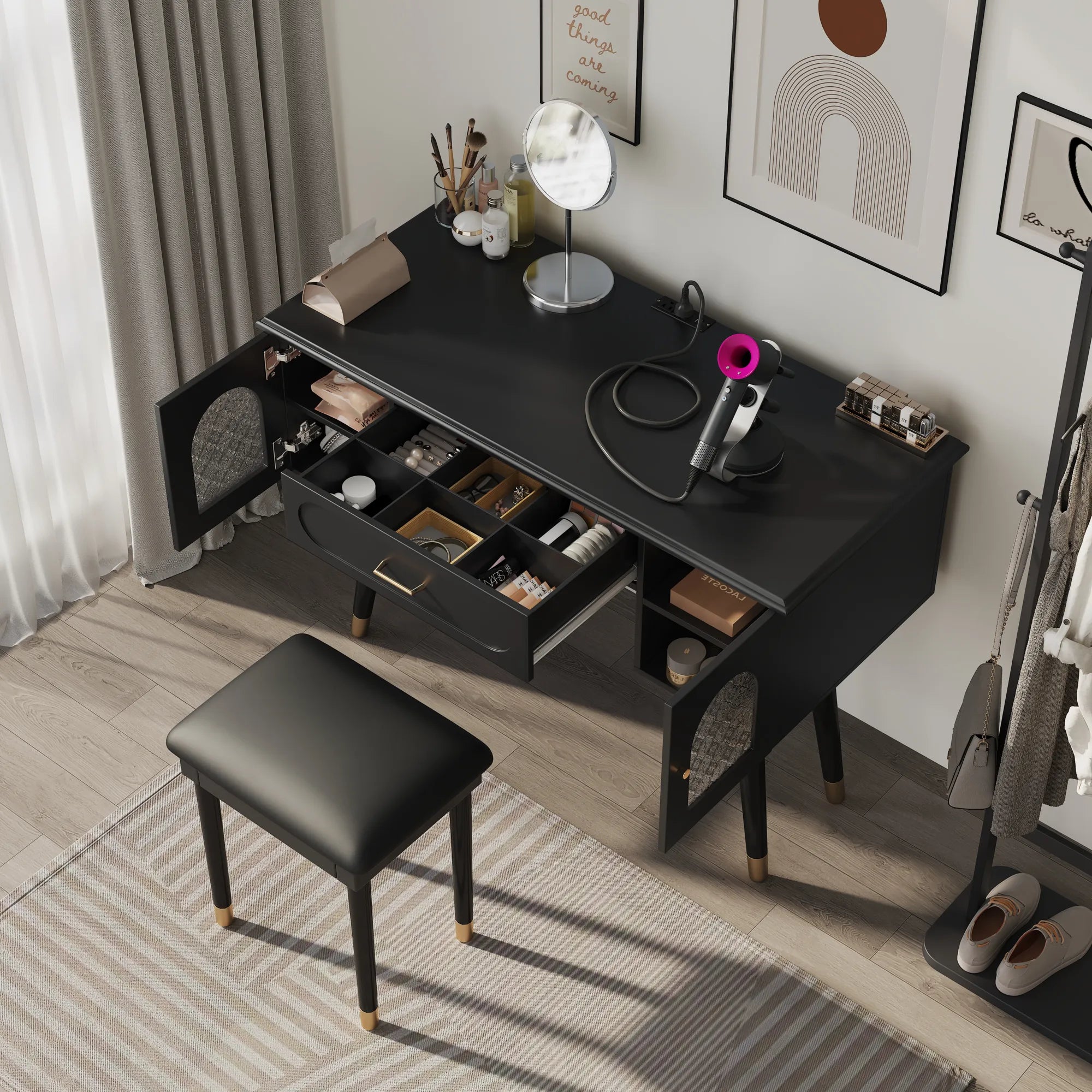 Modern Makeup Vanity Set with Stool & Storage