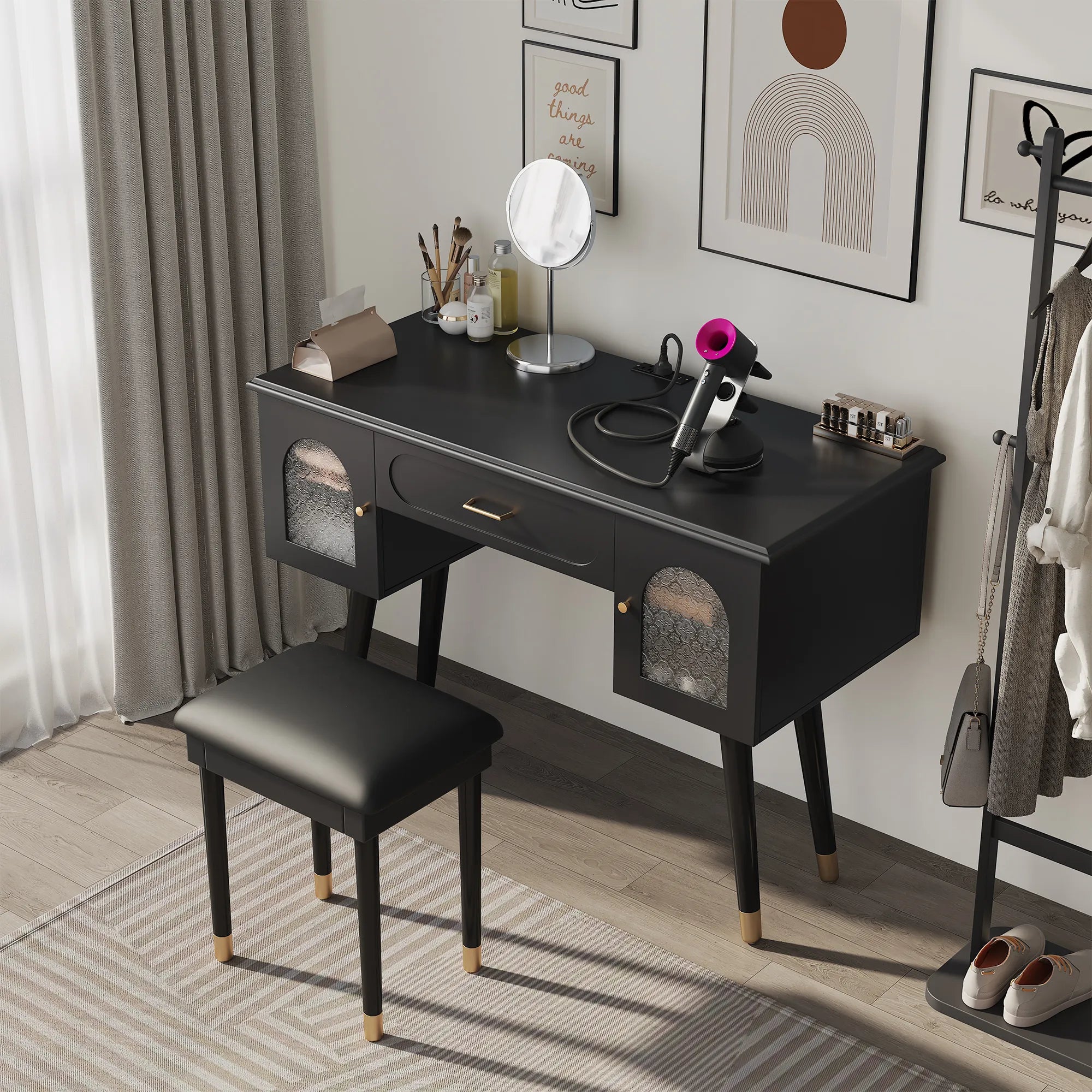 Modern Makeup Vanity Set with Stool & Storage