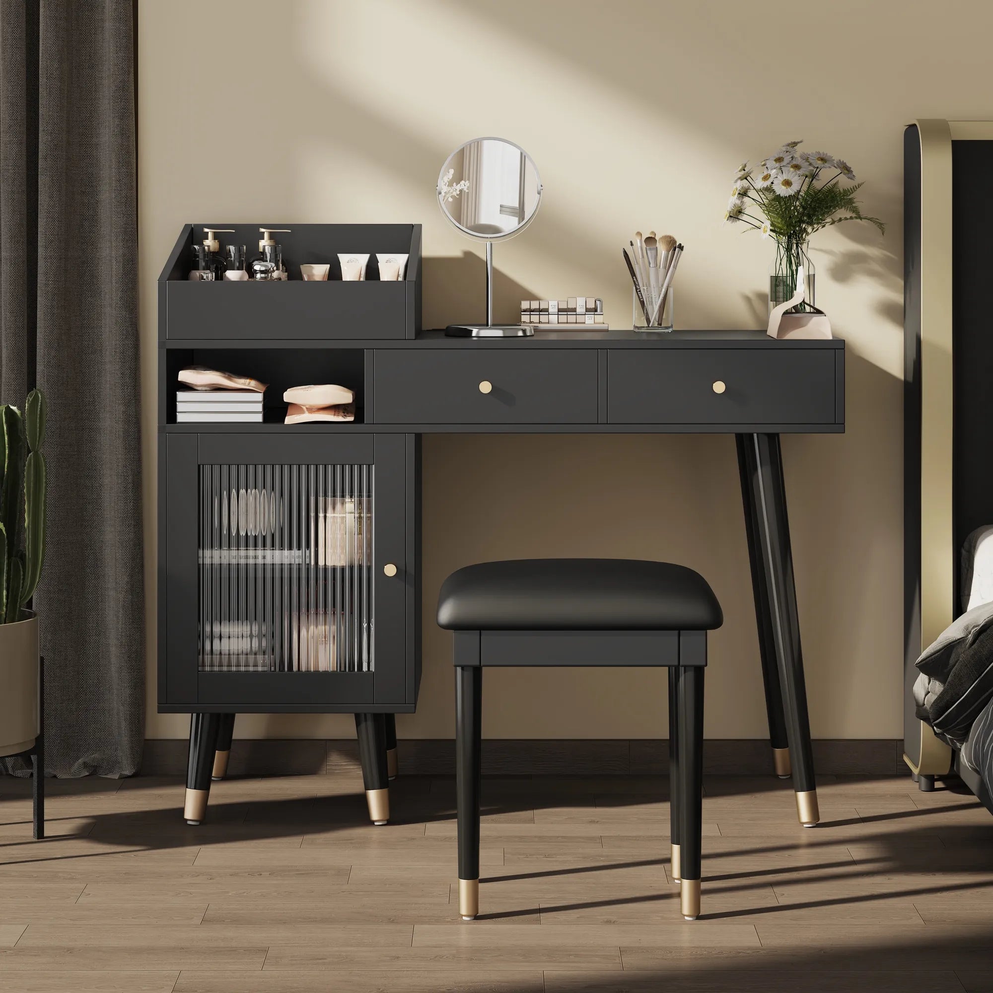 Modern Makeup Vanity with Drawers, Cabinet & Stool