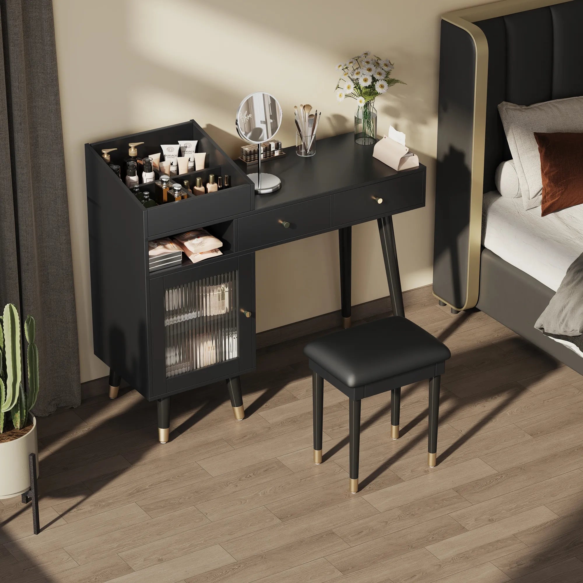 Modern Makeup Vanity with Drawers, Cabinet & Stool