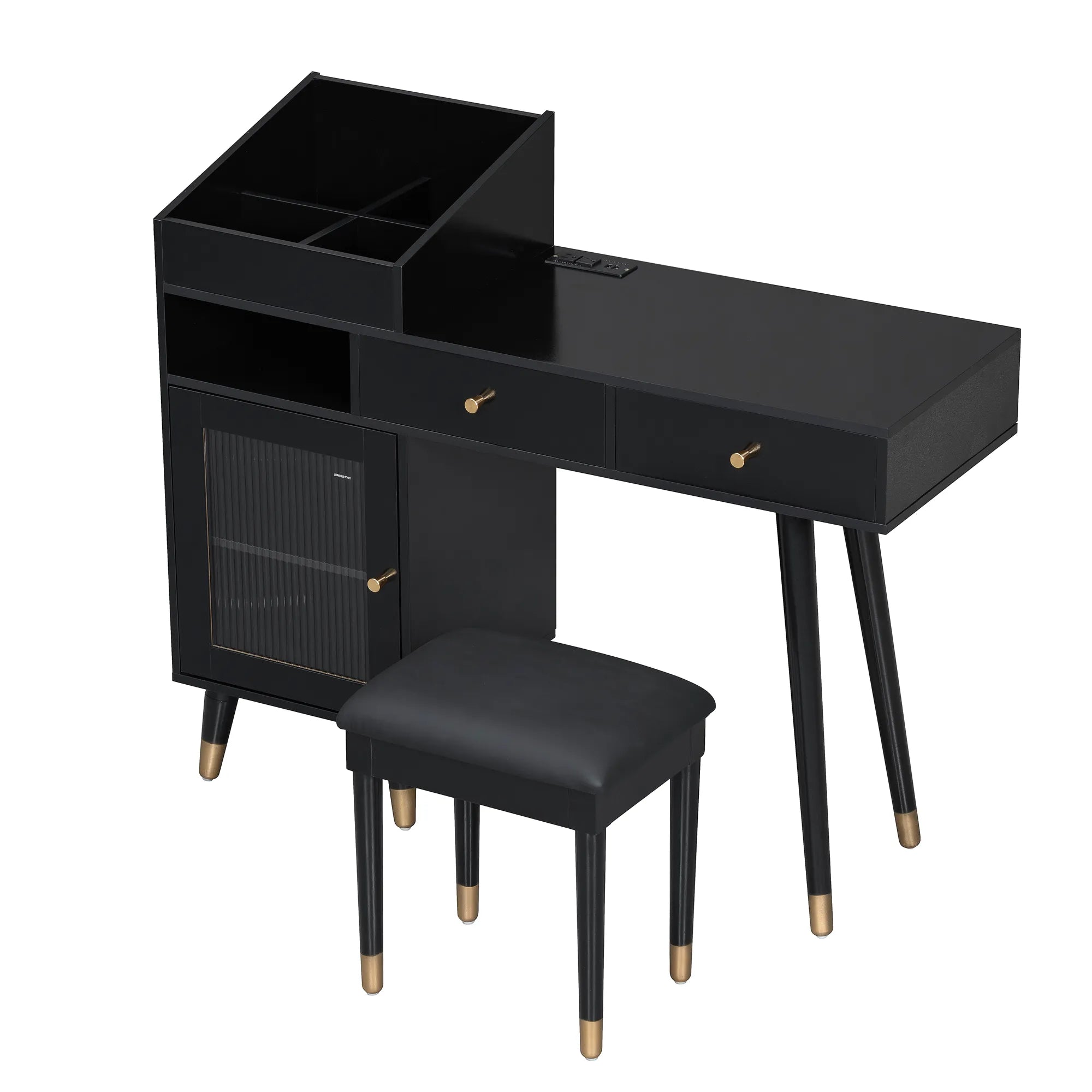 Modern Makeup Vanity with Drawers, Cabinet & Stool