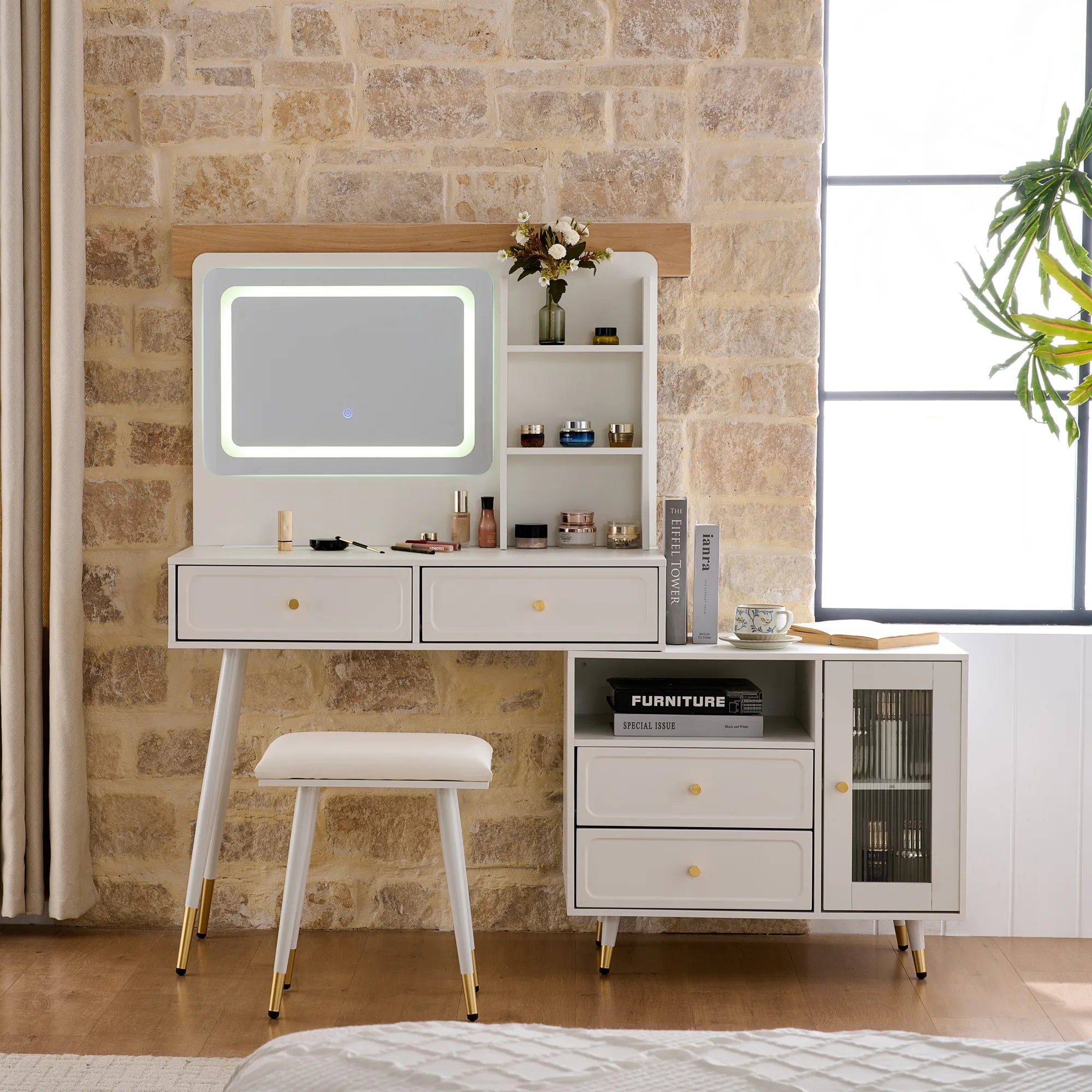 Modern Makeup Vanity with LED Mirror & Storage Cabinet