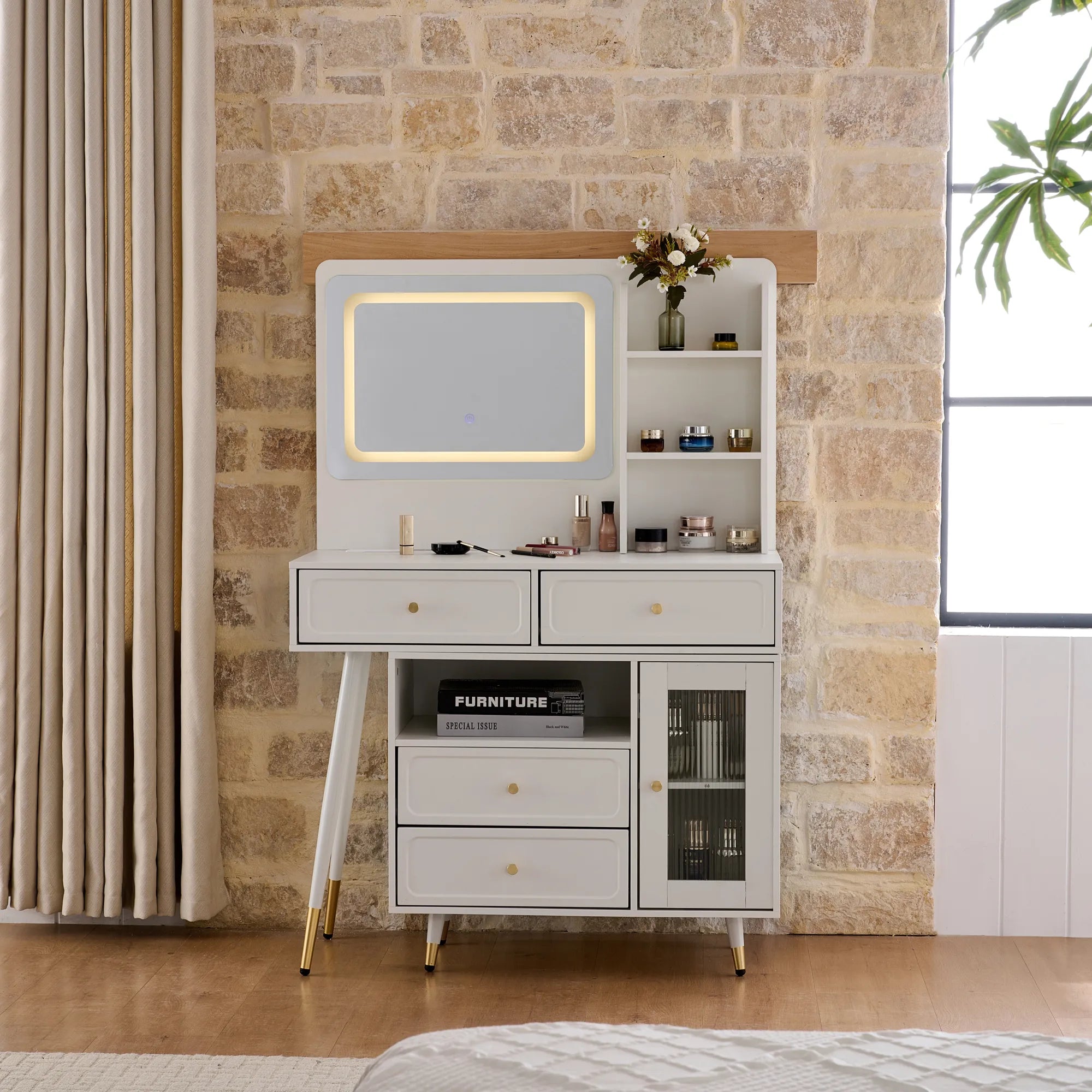 Modern Makeup Vanity with LED Mirror & Storage Cabinet