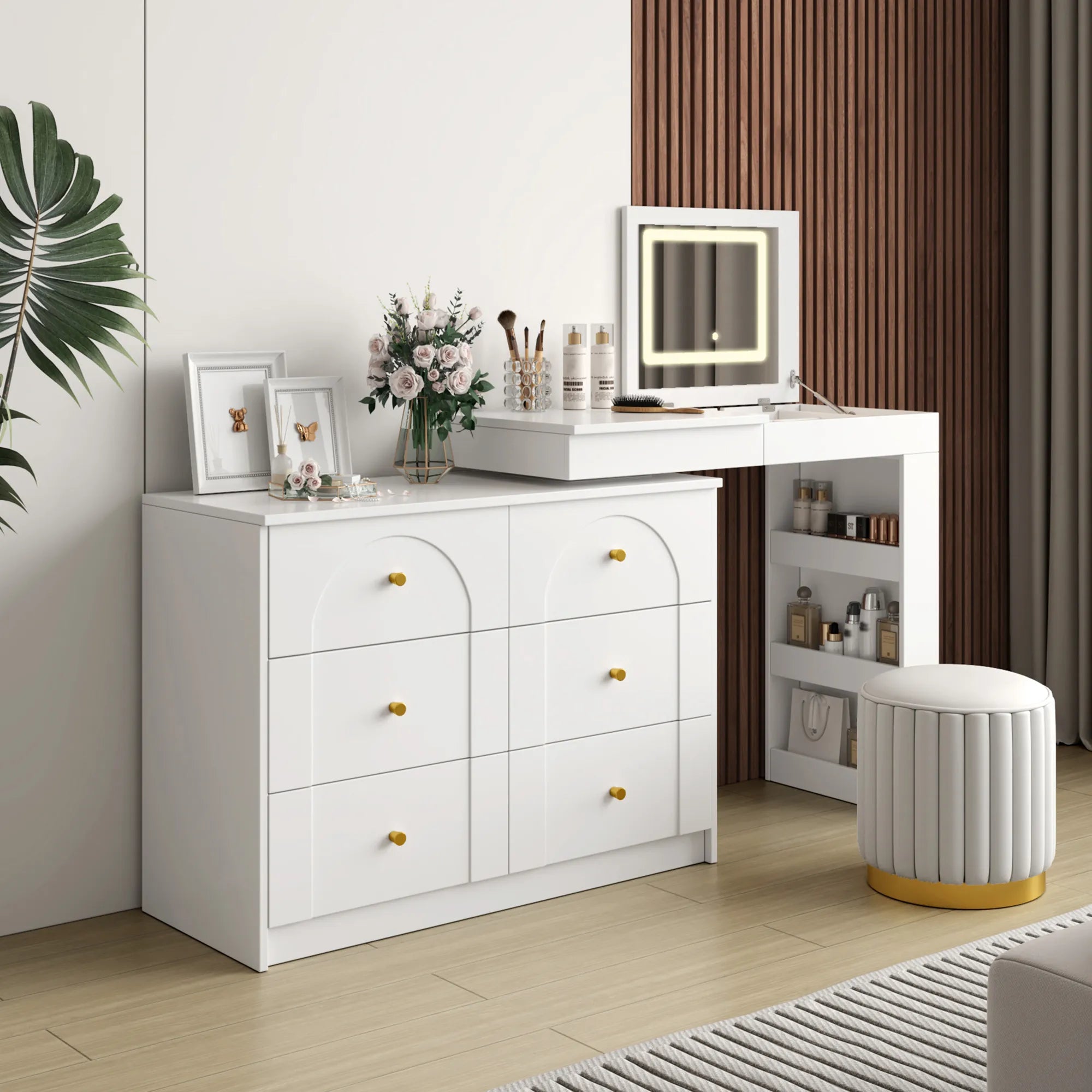 Modern Makeup Vanity, with Mirror, Lights & Large Storage