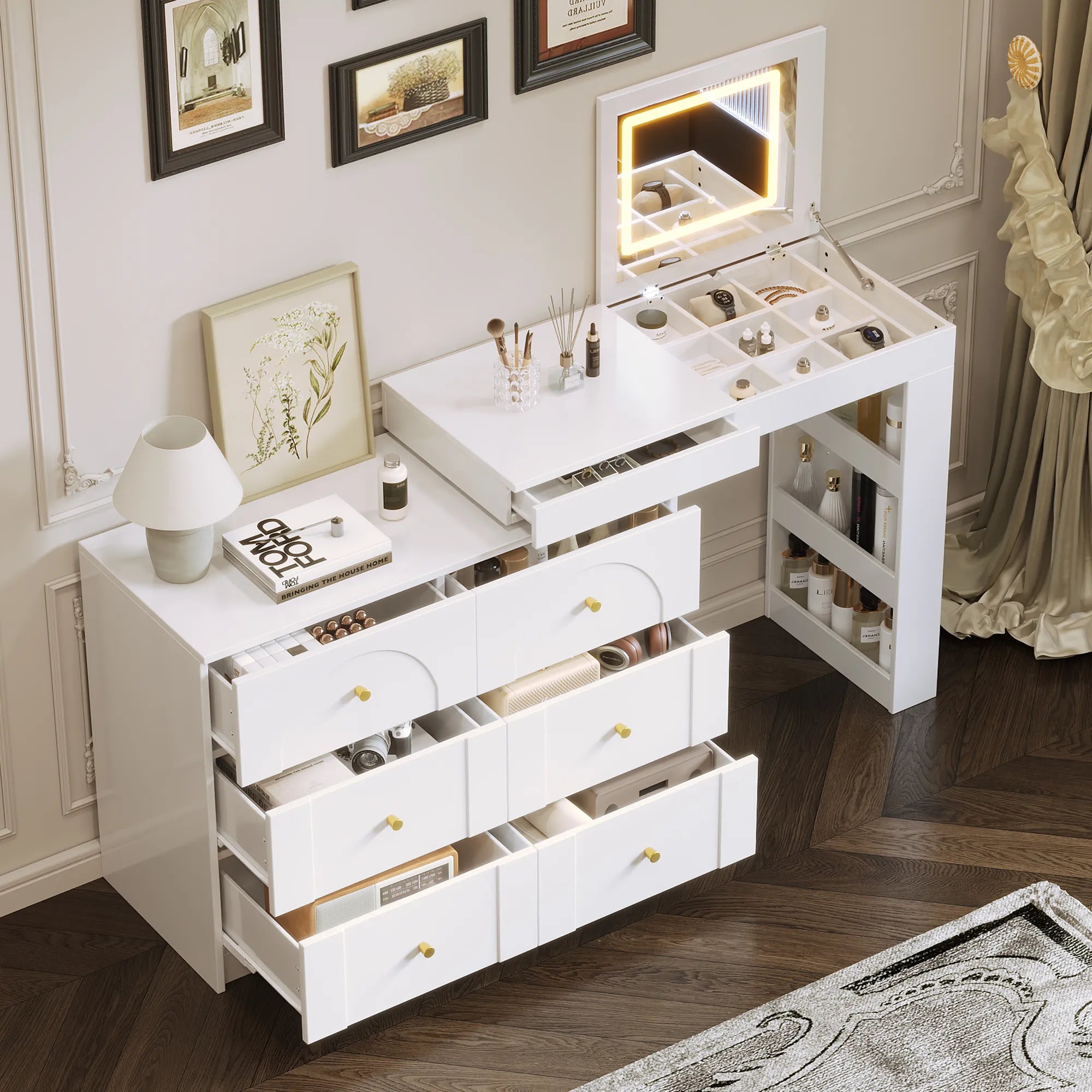 Modern Makeup Vanity, with Mirror, Lights & Large Storage