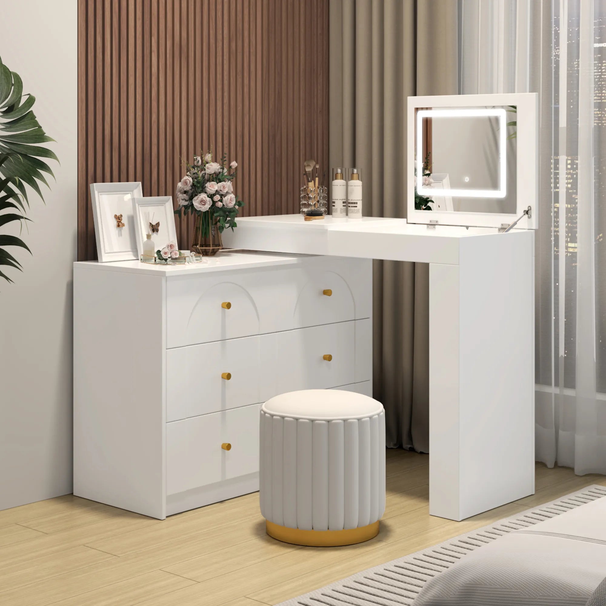 Modern Makeup Vanity, with Mirror, Lights & Large Storage