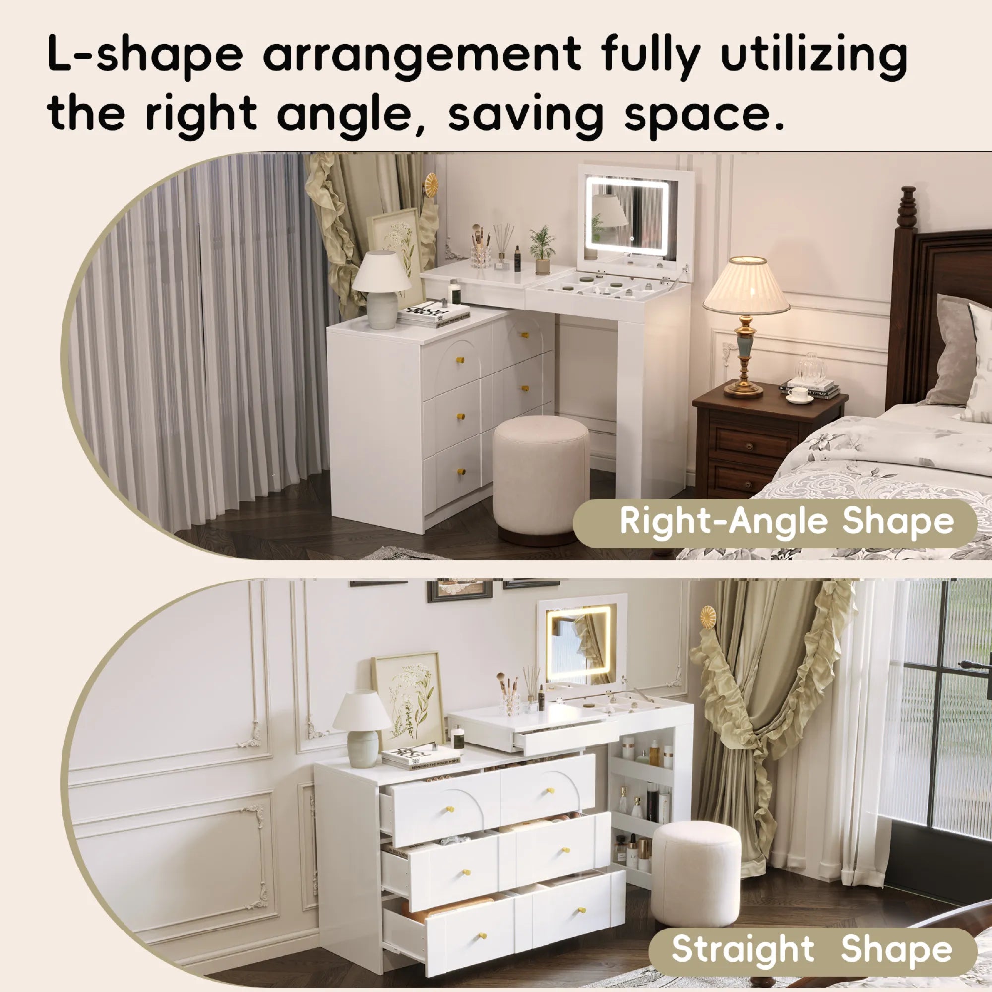 Modern Makeup Vanity, with Mirror, Lights & Large Storage