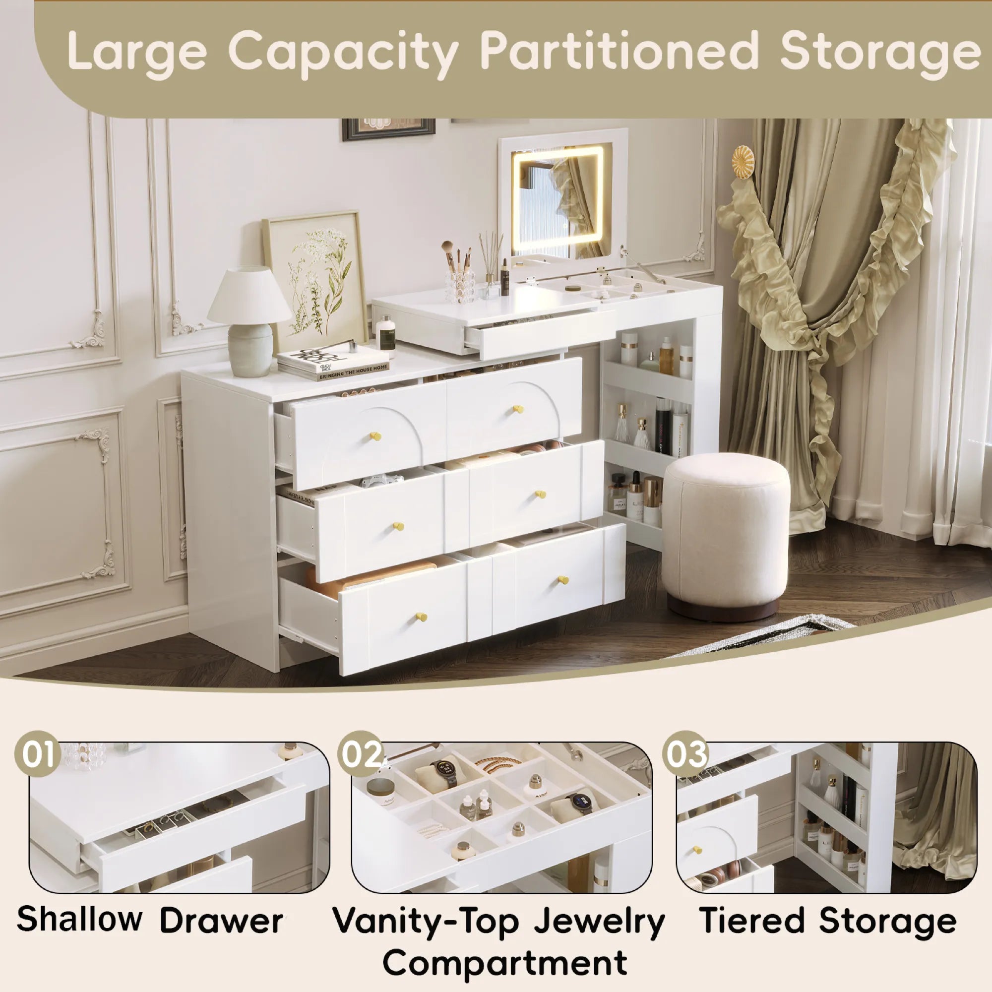 Modern Makeup Vanity, with Mirror, Lights & Large Storage
