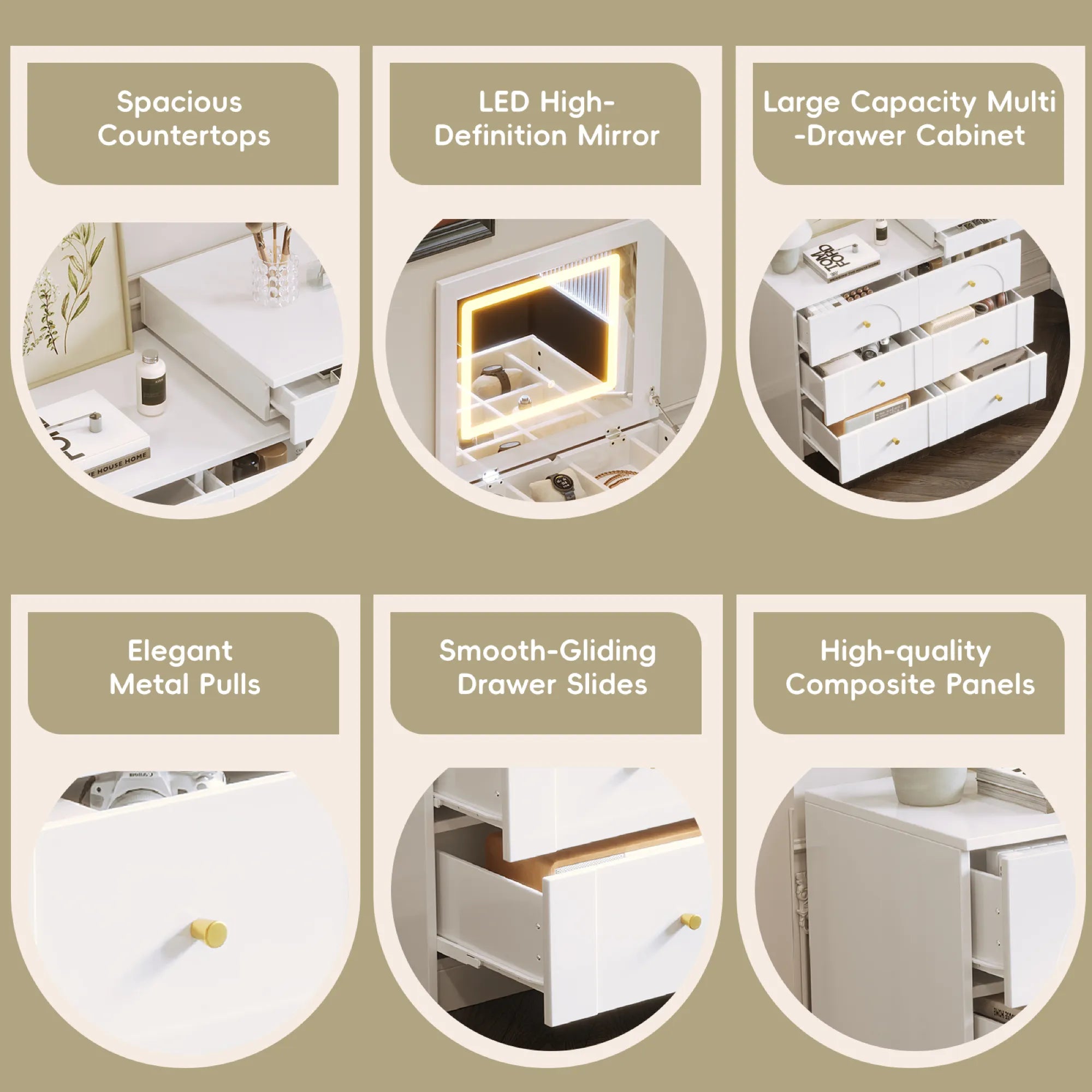 Modern Makeup Vanity, with Mirror, Lights & Large Storage